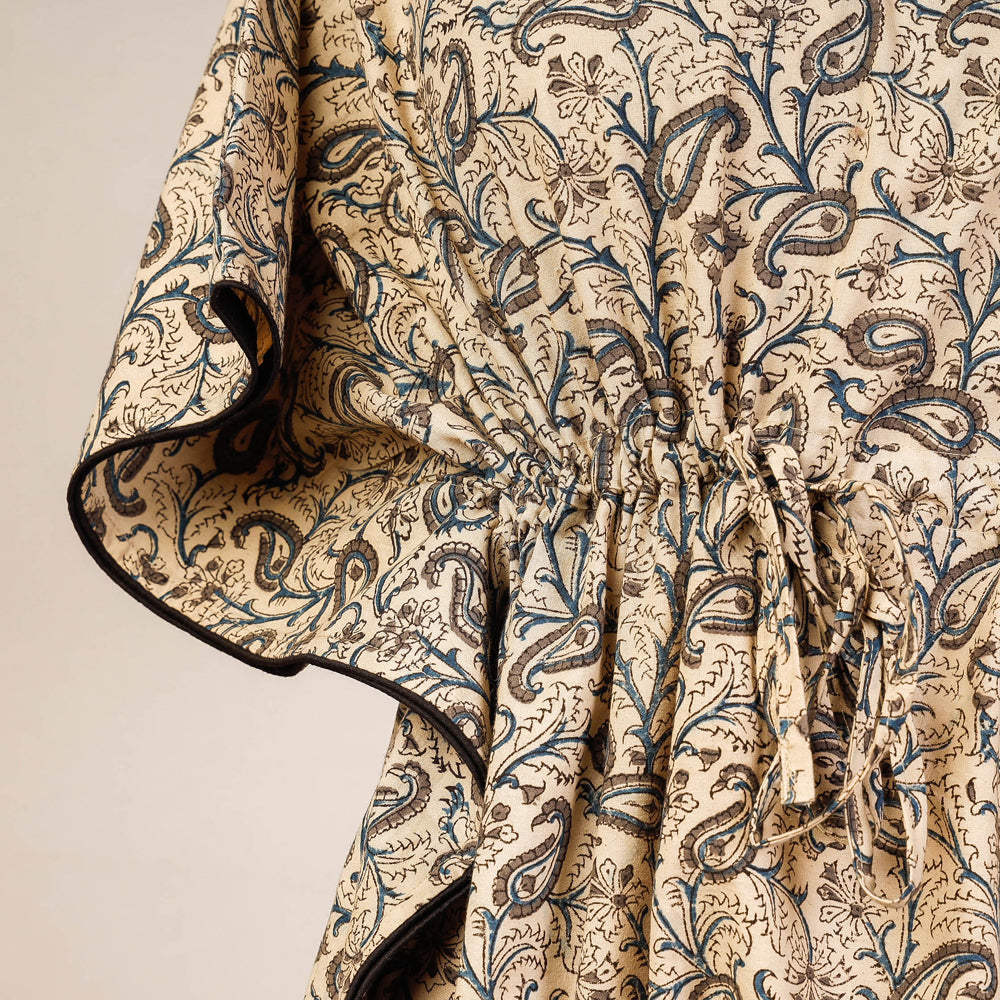 CHUTNEY CRAFT STUDIO Beige - Block Print Cotton Kalamkari Kaftan with Tie-Up Waist (Medium) - view 2