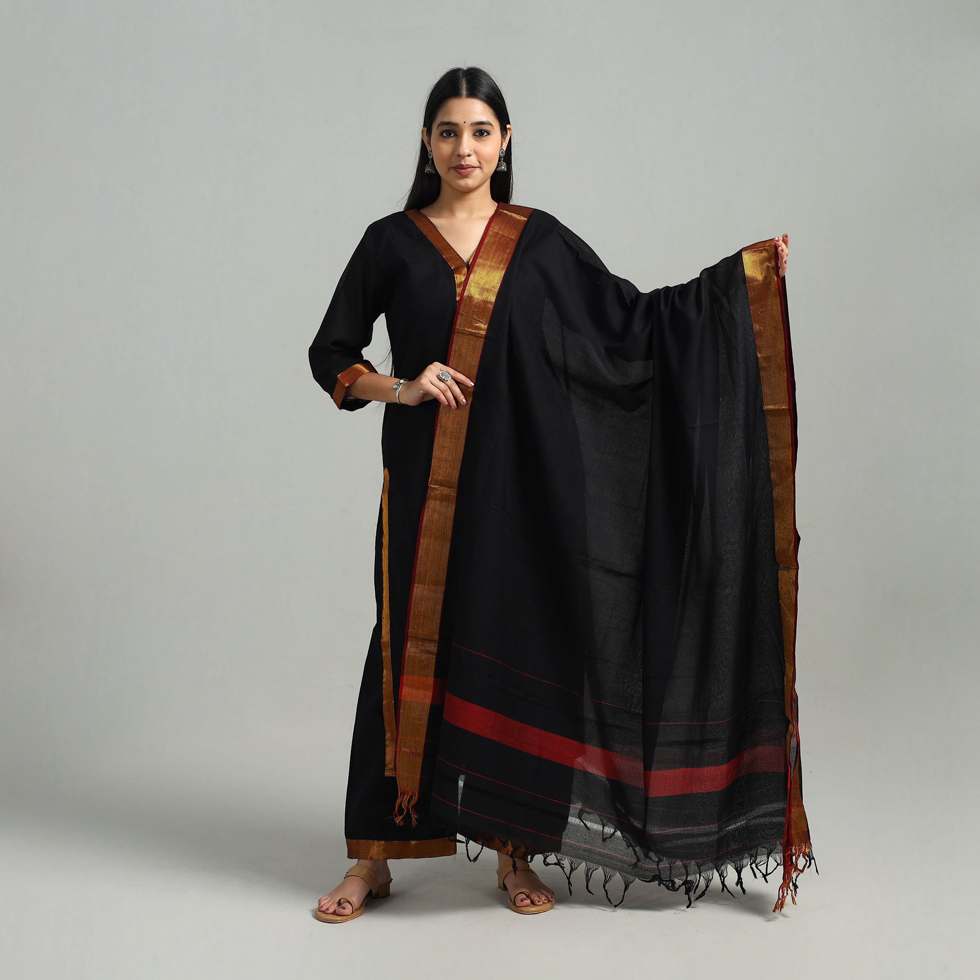 ITOKRI CASUALS Black - Cotton Dharwad Kurta Set with Palazzo & Dupatta 12