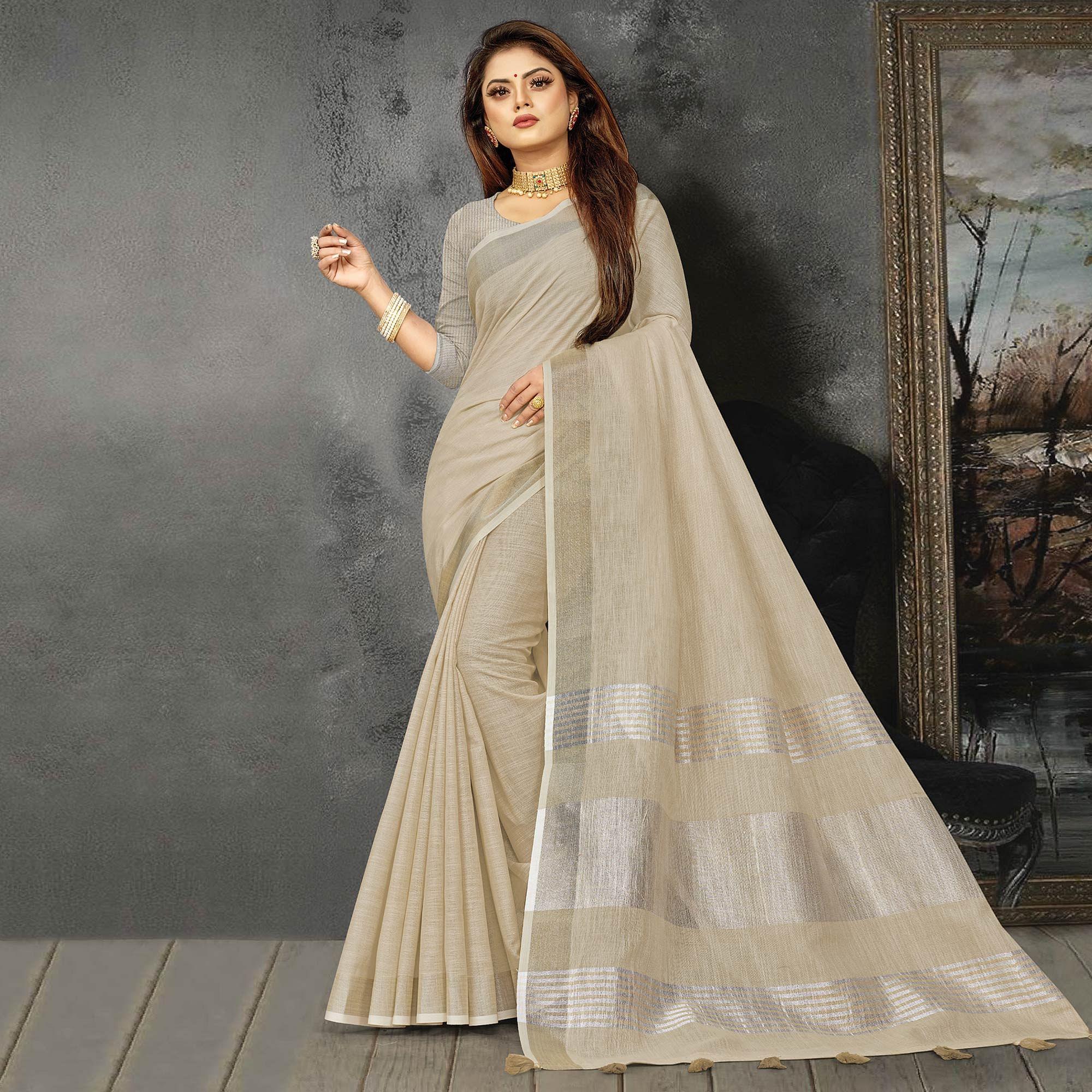 Peachmode Brown Festive Wear Solid Linen Saree