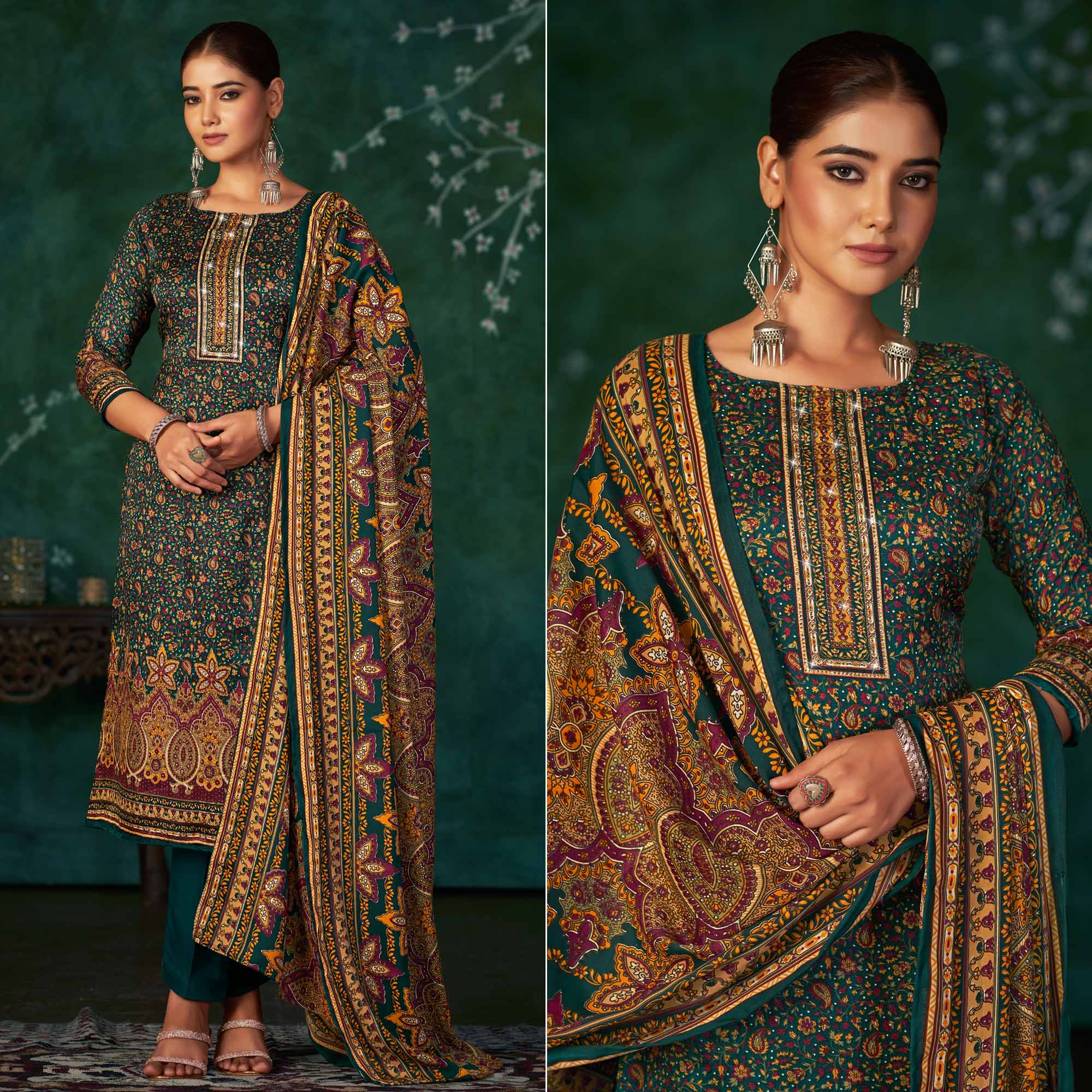 Peachmode Morpich Floral Printed With Swarovski Work Pashmina Suit