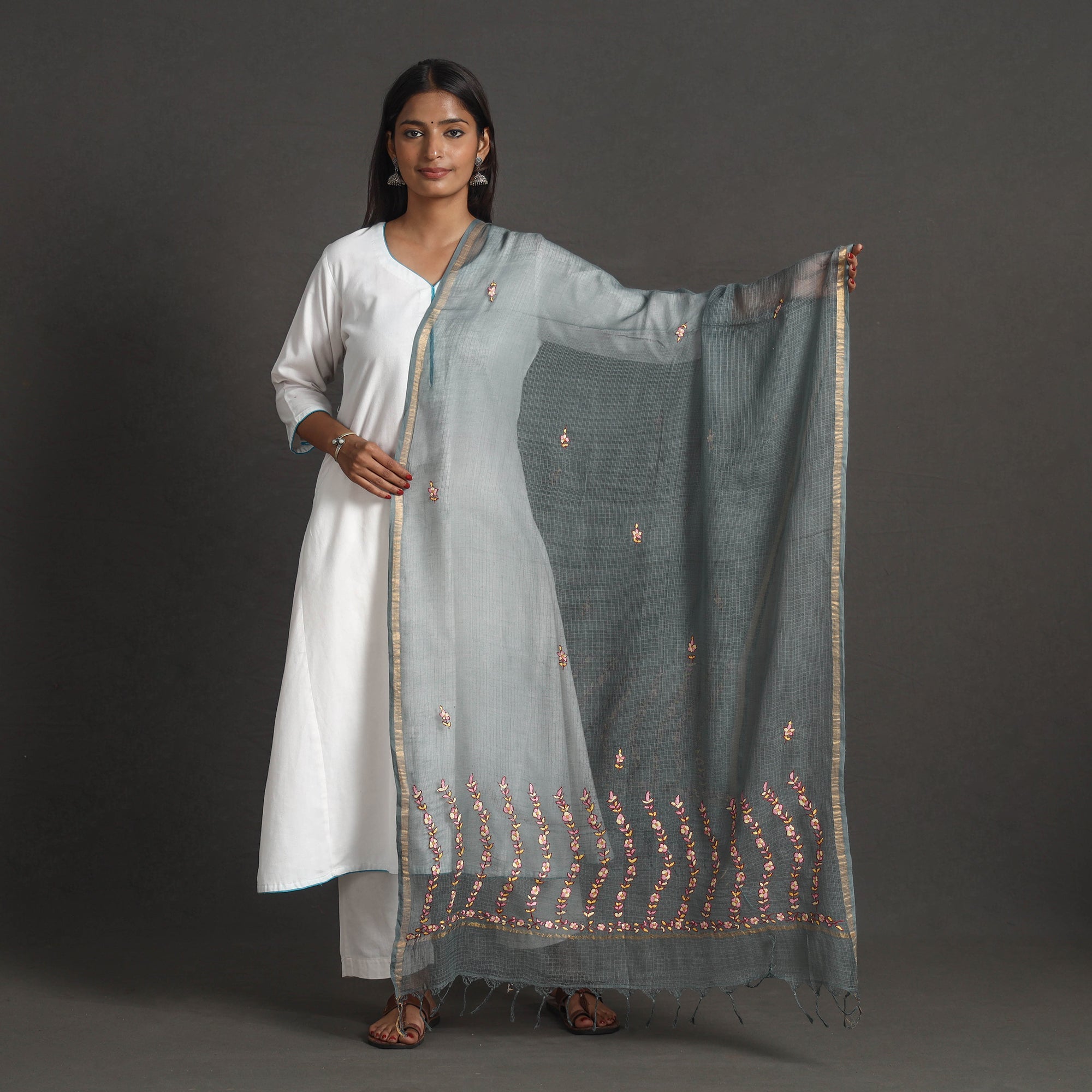 ITOKRI CRAFTS INITIATIVE Kota Doria Silk Cotton Kashida Embroidery Dupatta 43