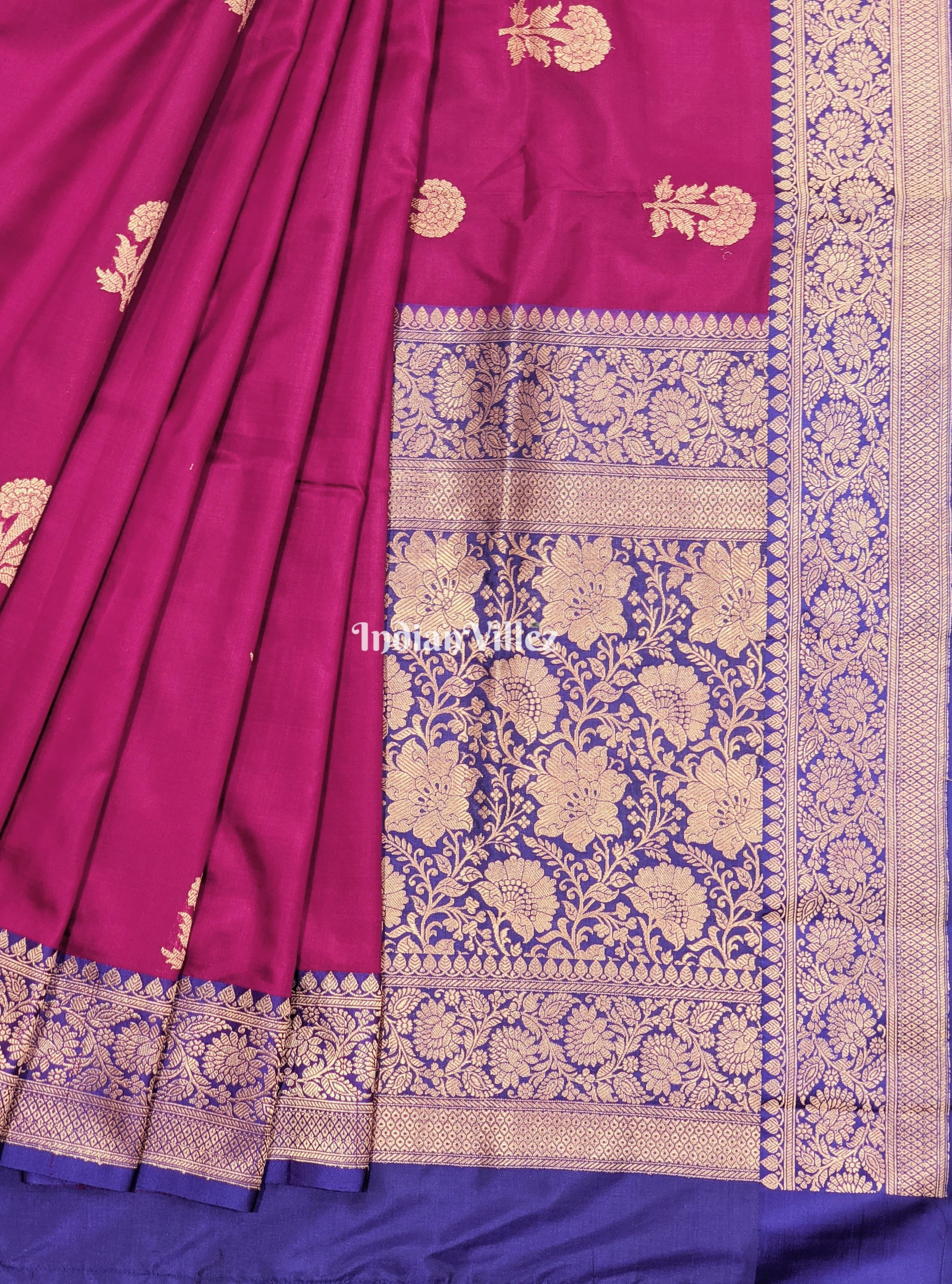 IndianVillèz Maroon Blue with Flower Motif Banarasi Katan Silk Saree