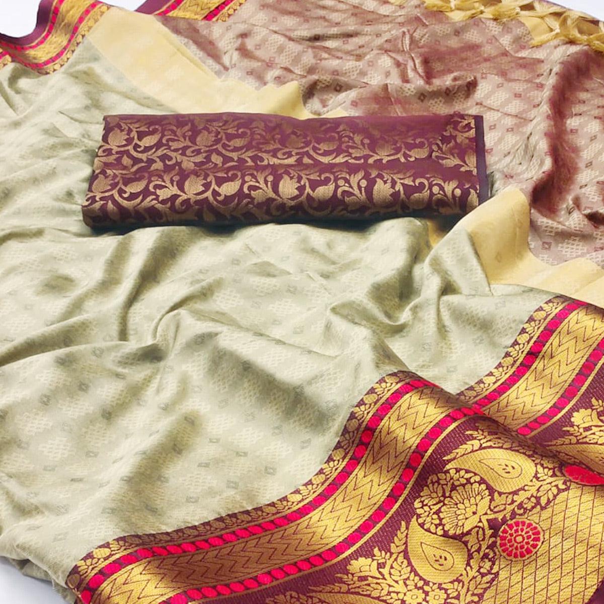 Peachmode Chikoo Woven Cotton Silk Saree With Tassels - view 2