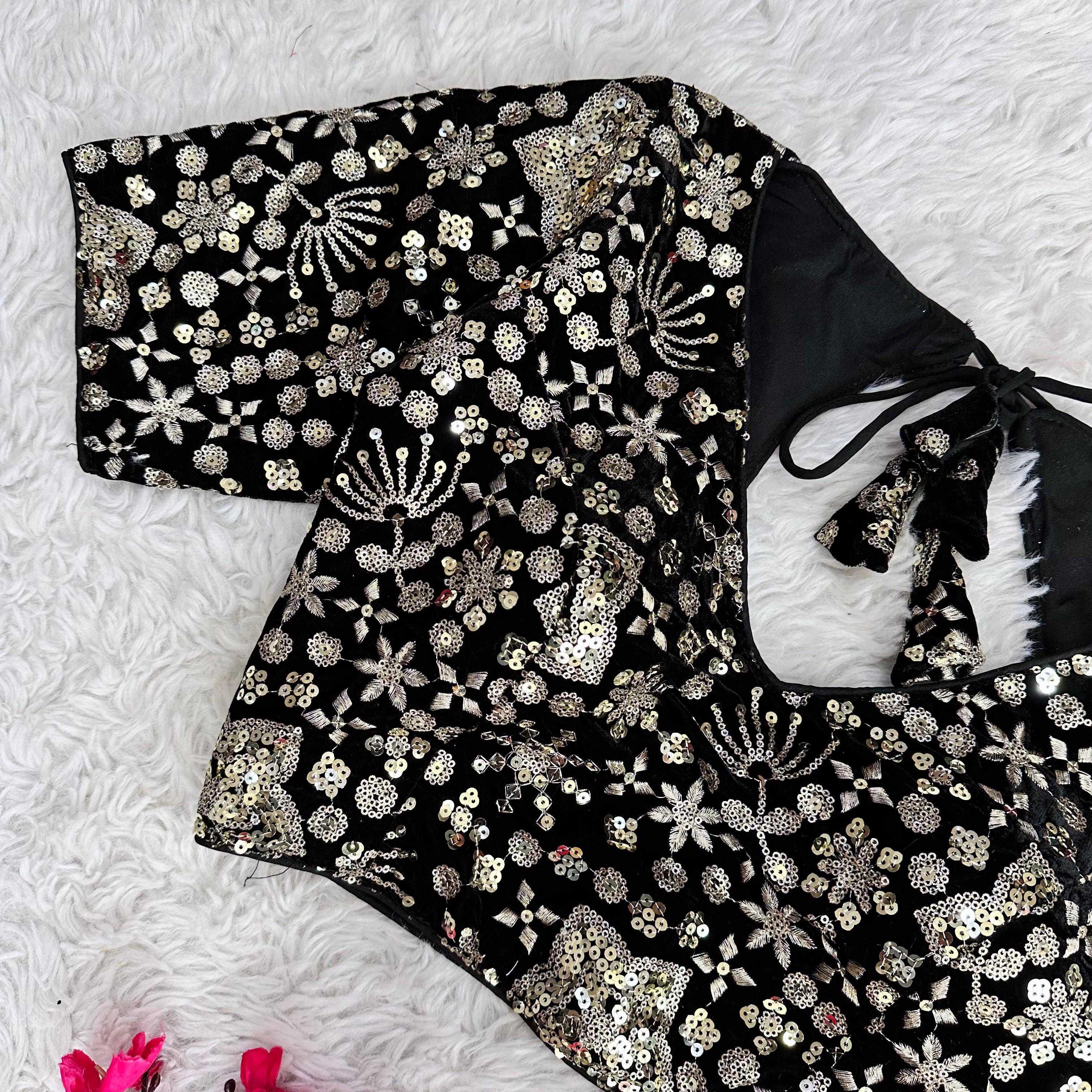 ClothsVilla Black Golden Embroidered Velvet Blouse with Sequins - view 5