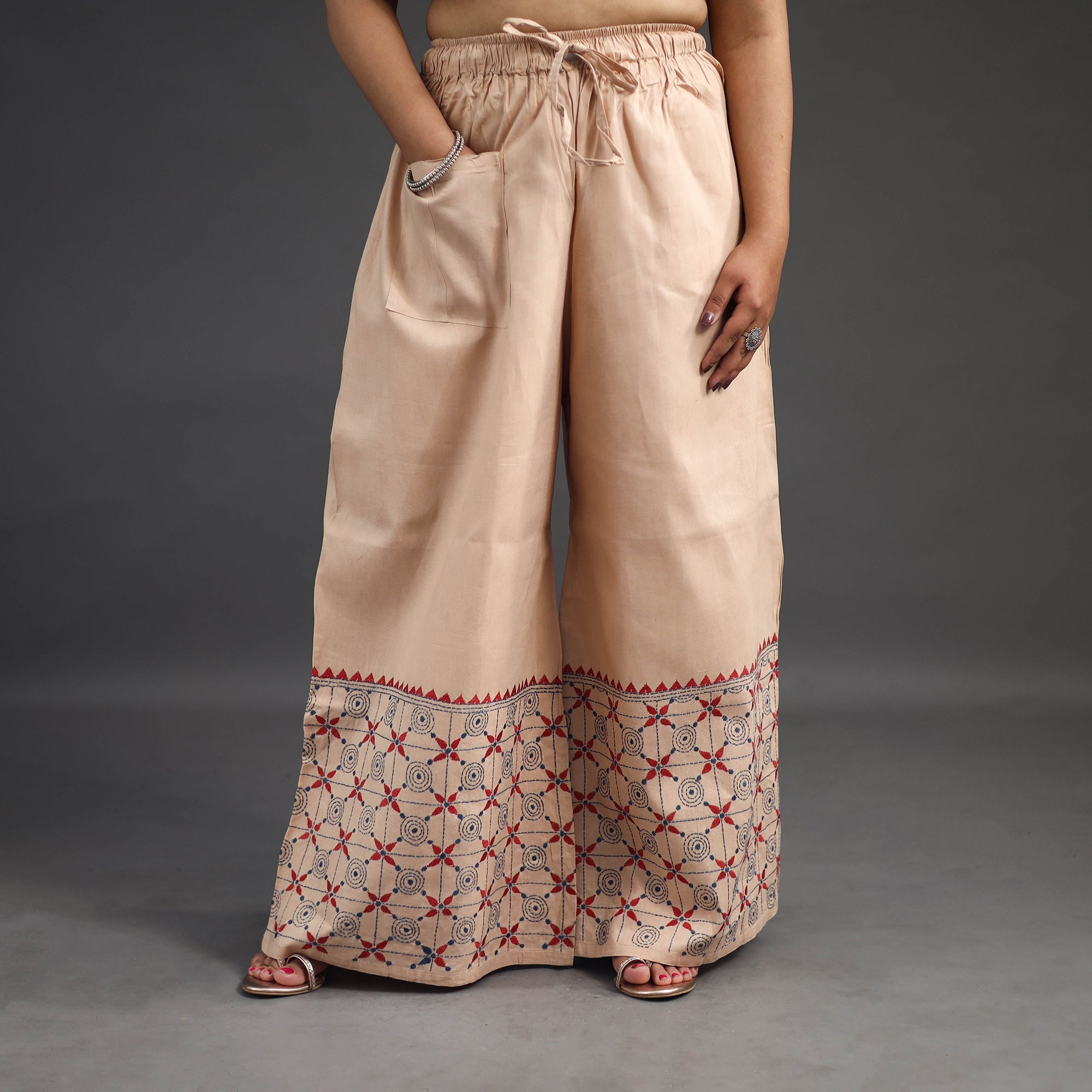 ASALKAAR Beige - Kantha Hand Embroidery Palazzo in Cotton 56