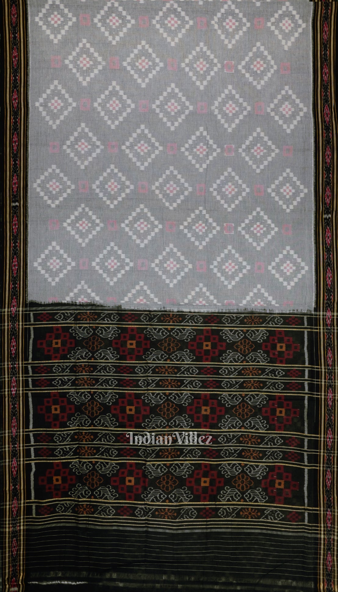 IndianVillèz Faded Black Pasapali Theme Odisha Ikat Sambalpuri Pure Cotton Saree