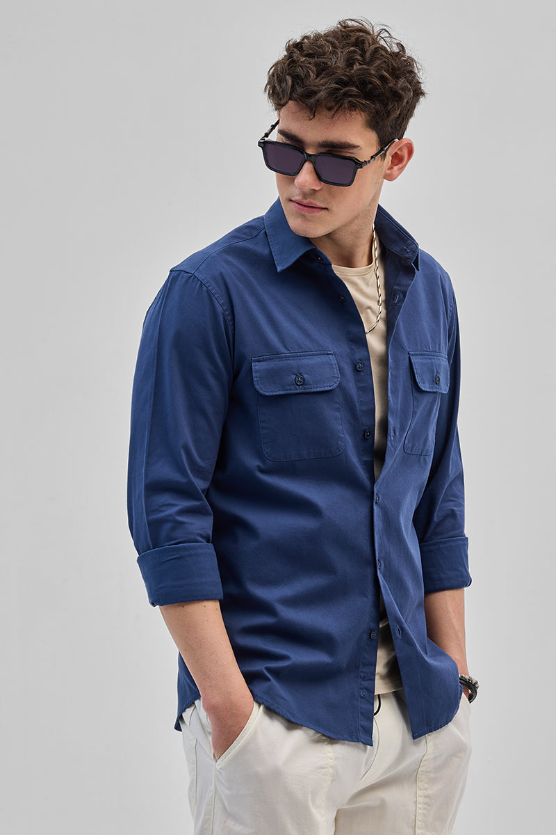 SNITCH Blue Solid Double Pocket Overshirt - view 5