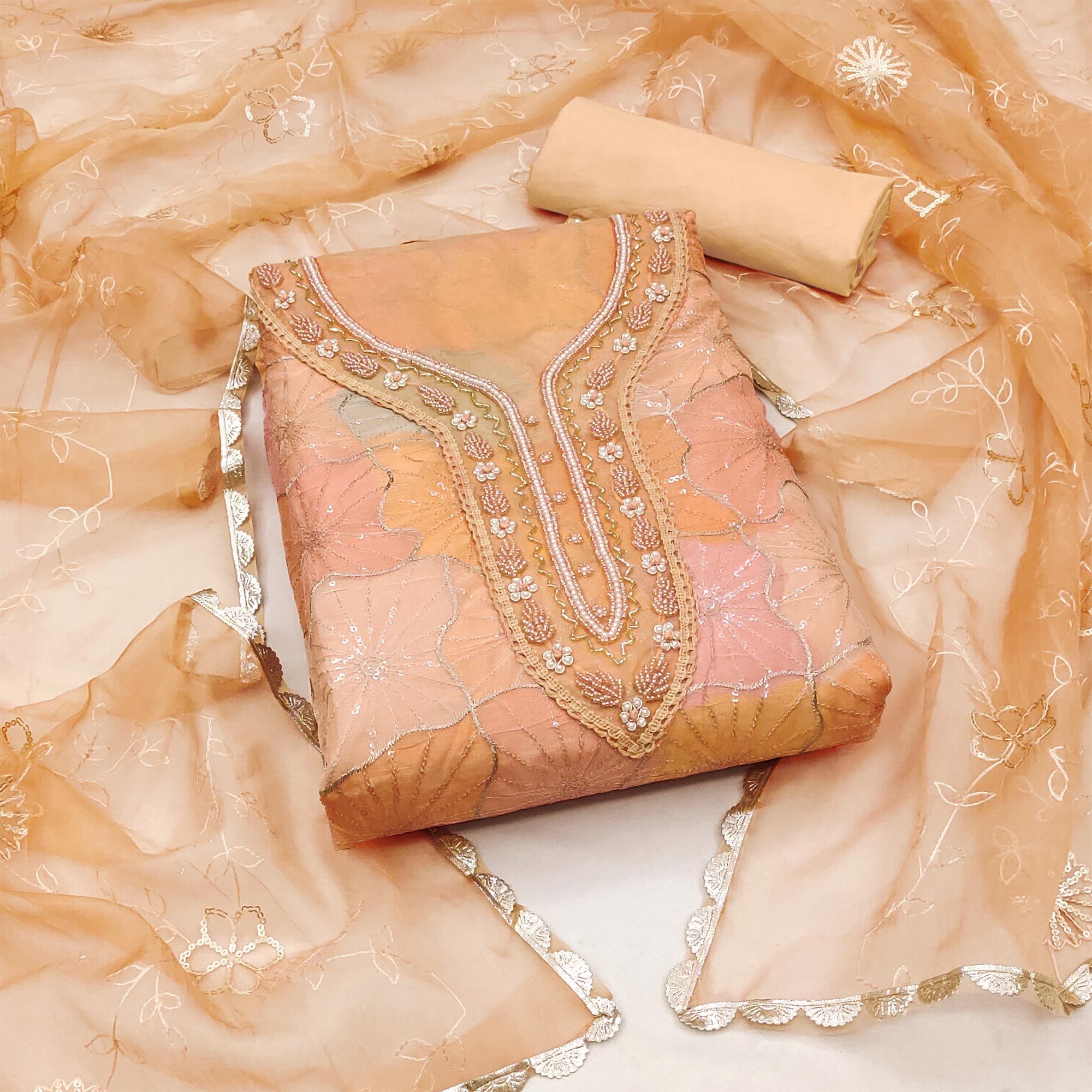 Peachmode Light Peach Sequins Embroidered With Handwork Organza Dress Material