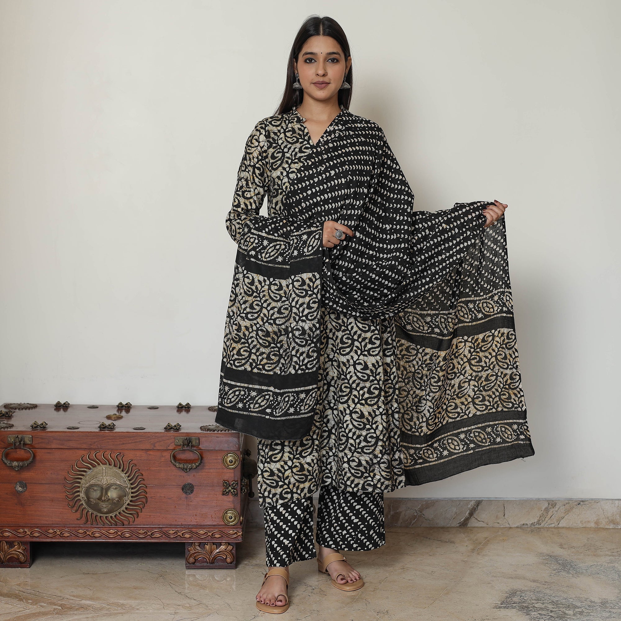 ITOKRI CASUALS Black - Hand Batik Printed Cotton Kurta with Palazzo & Dupatta Set 14