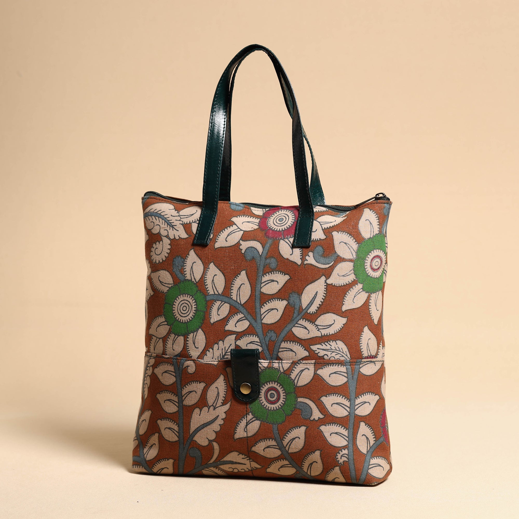 ASALKAAR Brown - Handcrafted Kalamkari Block Printed Hand Bag with Leather Handle - view 2