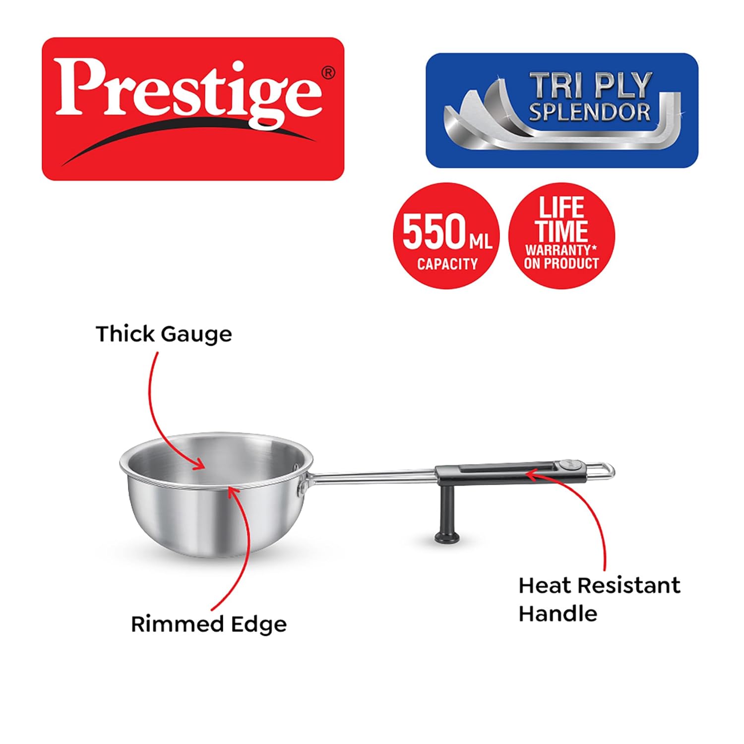 Prestige Splendor Tri-Ply Stainless Steel 13 cm Tadka Pan | Gas & Induction Compatible | Silver - view 2