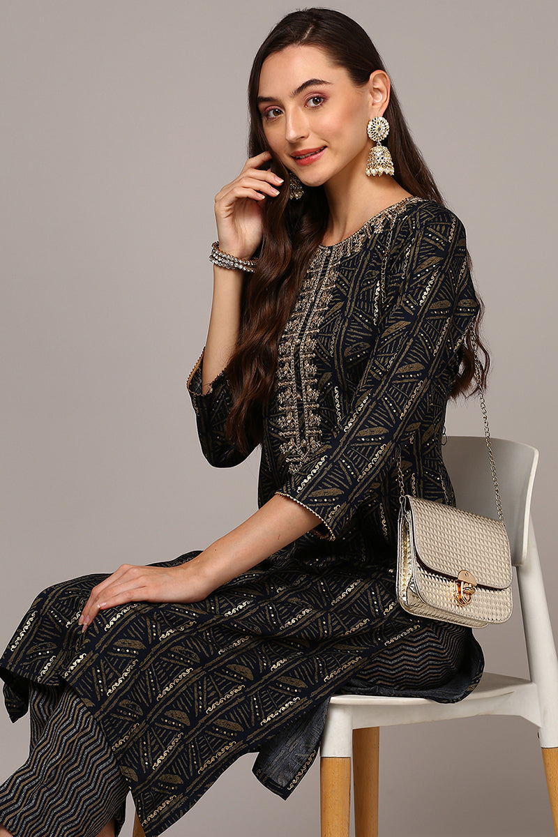 Ahika Blue Silk Blend Ethnic Motifs Straight Kurta VCK9130 - view 2