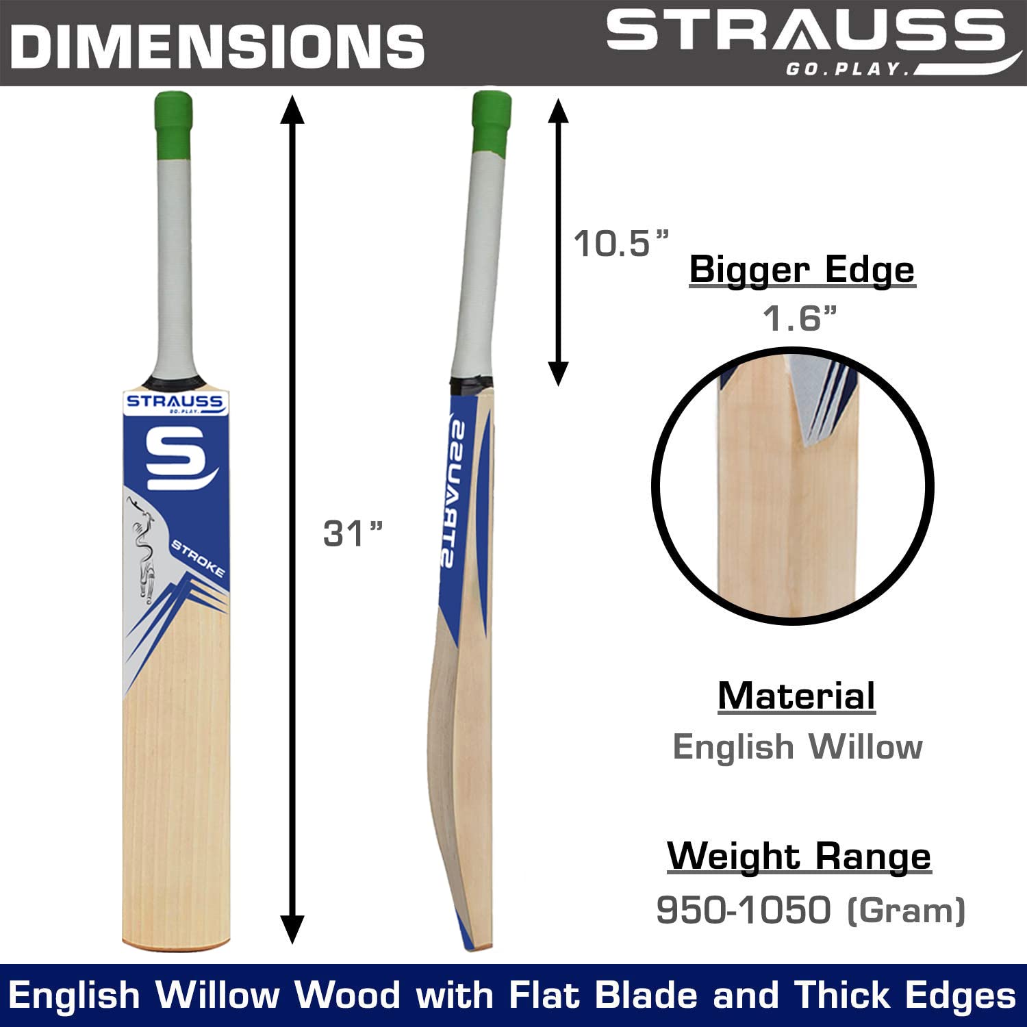 Strauss Cricket Bat English Willow | Premium Leather Ball Bat for Cricket | Ideal for Professional Players, Beginners, and Practice Sessions| Ergonomi - view 3