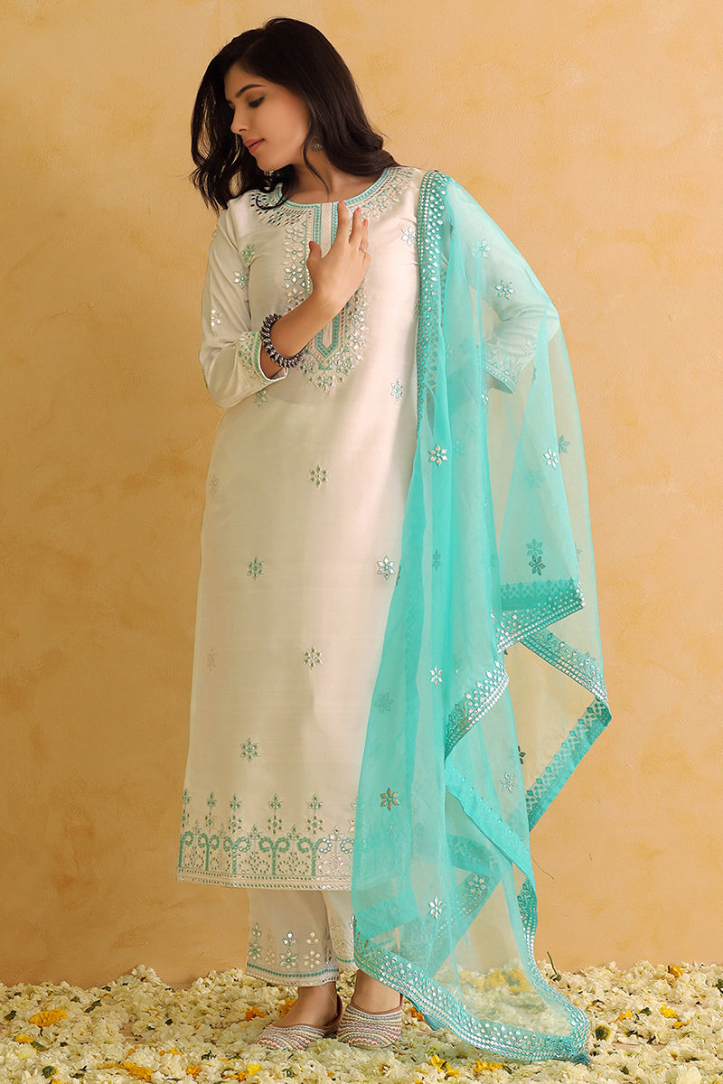 Ahika White Silk Blend Solid Embroidered Straight Trouser Suit Set PKSKD2478 - view 2