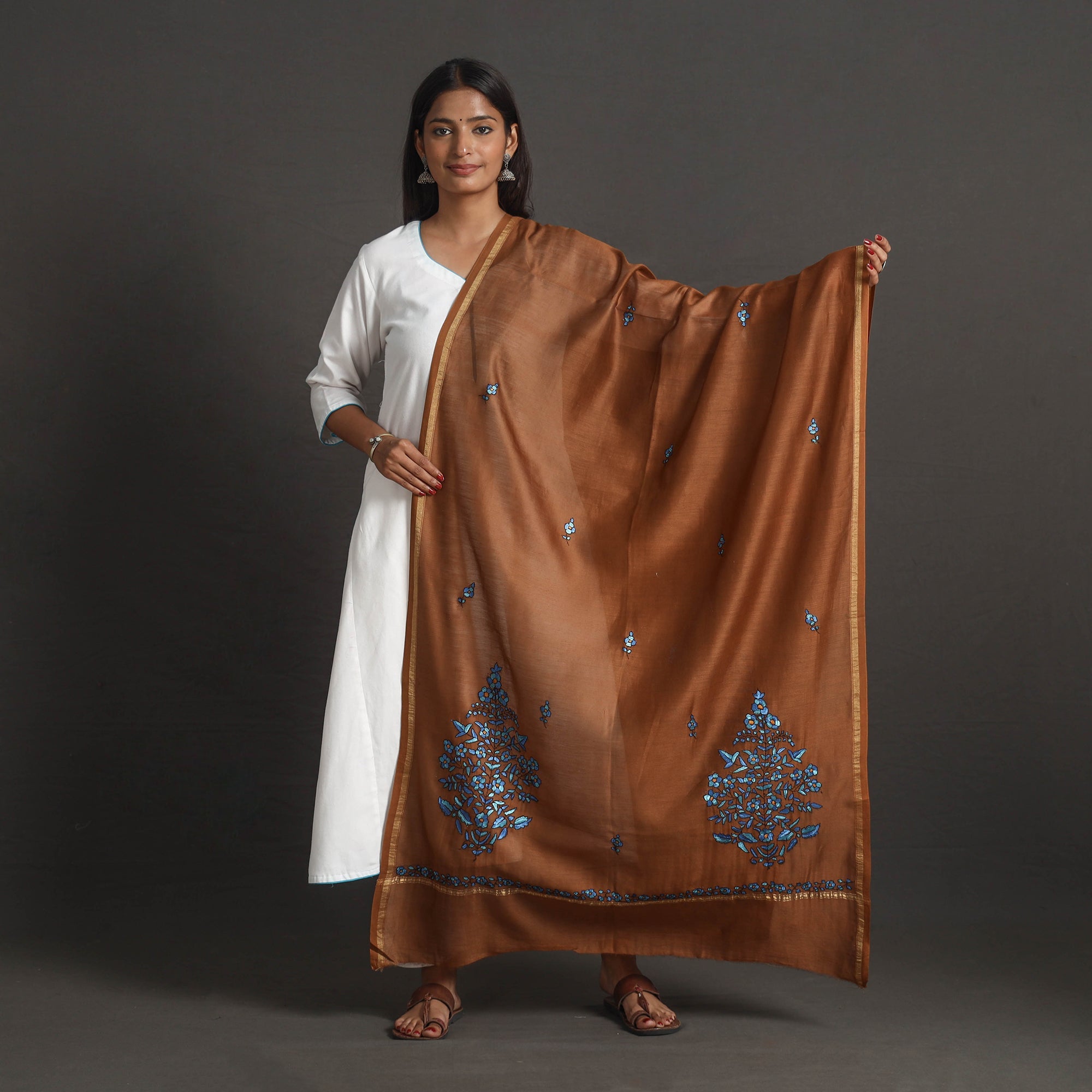 ITOKRI CRAFTS INITIATIVE Brown - Handloom Chanderi Silk Kashida Embroidery Dupatta 16