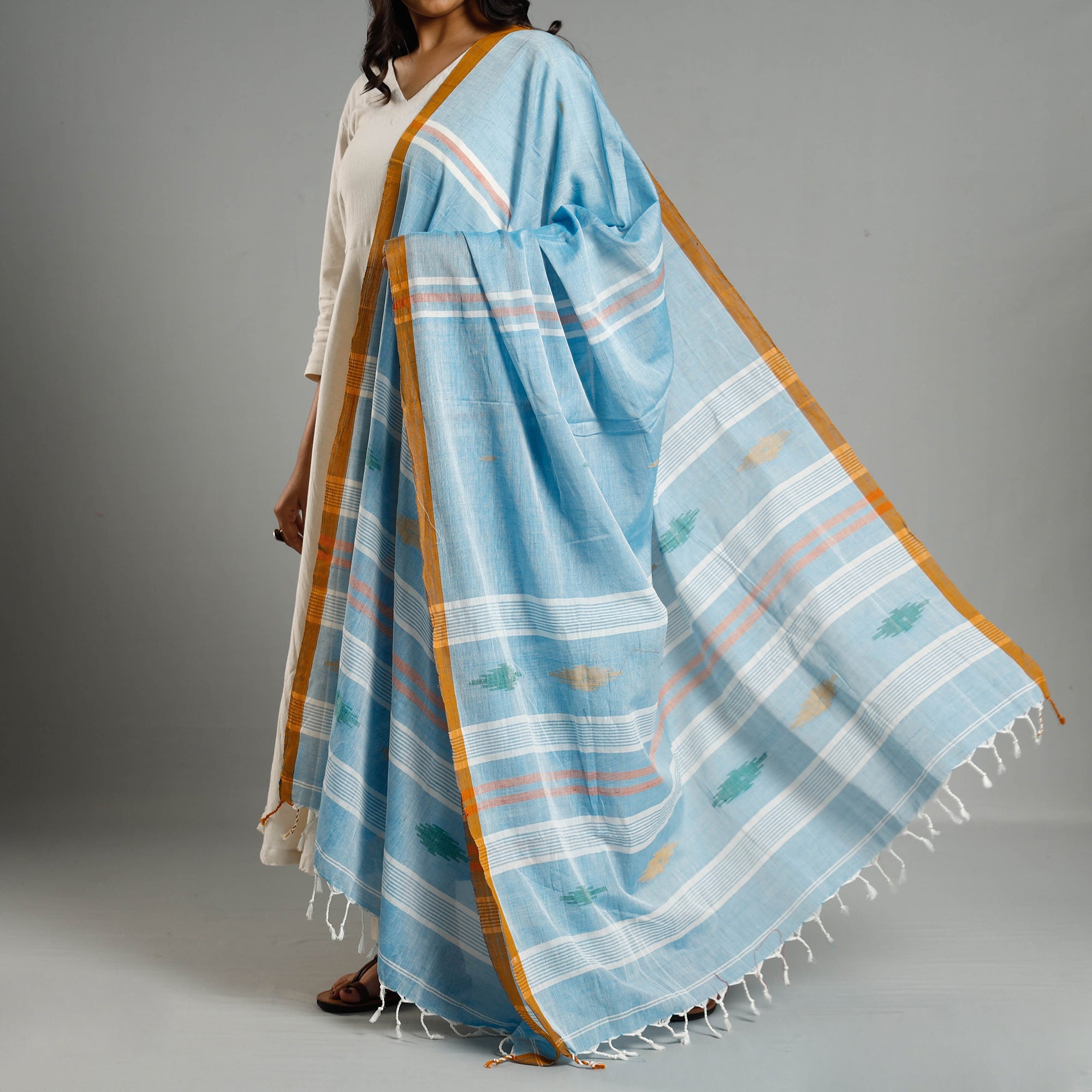 WEAVE INDIA BY SHEIKH MOIDUN NILUFAR Blue - Assam Weave Handloom Cotton Thread Buti Dupatta with Tassels - view 4