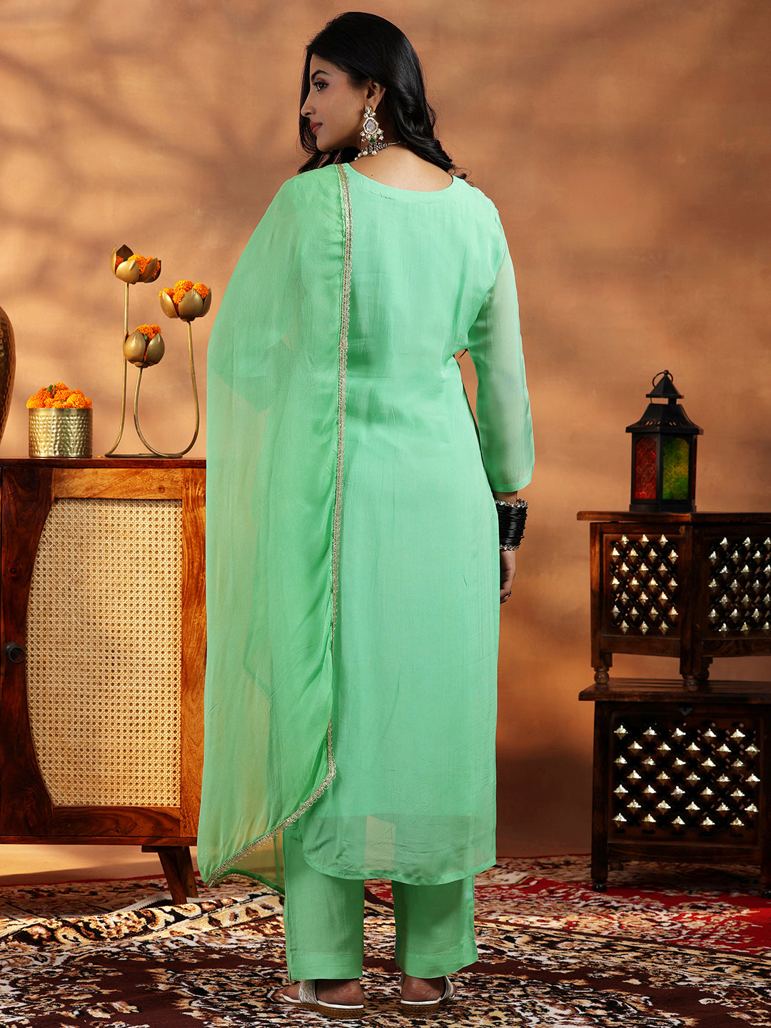Libas Green Embroidered Organza Straight Suit With Dupatta - view 4