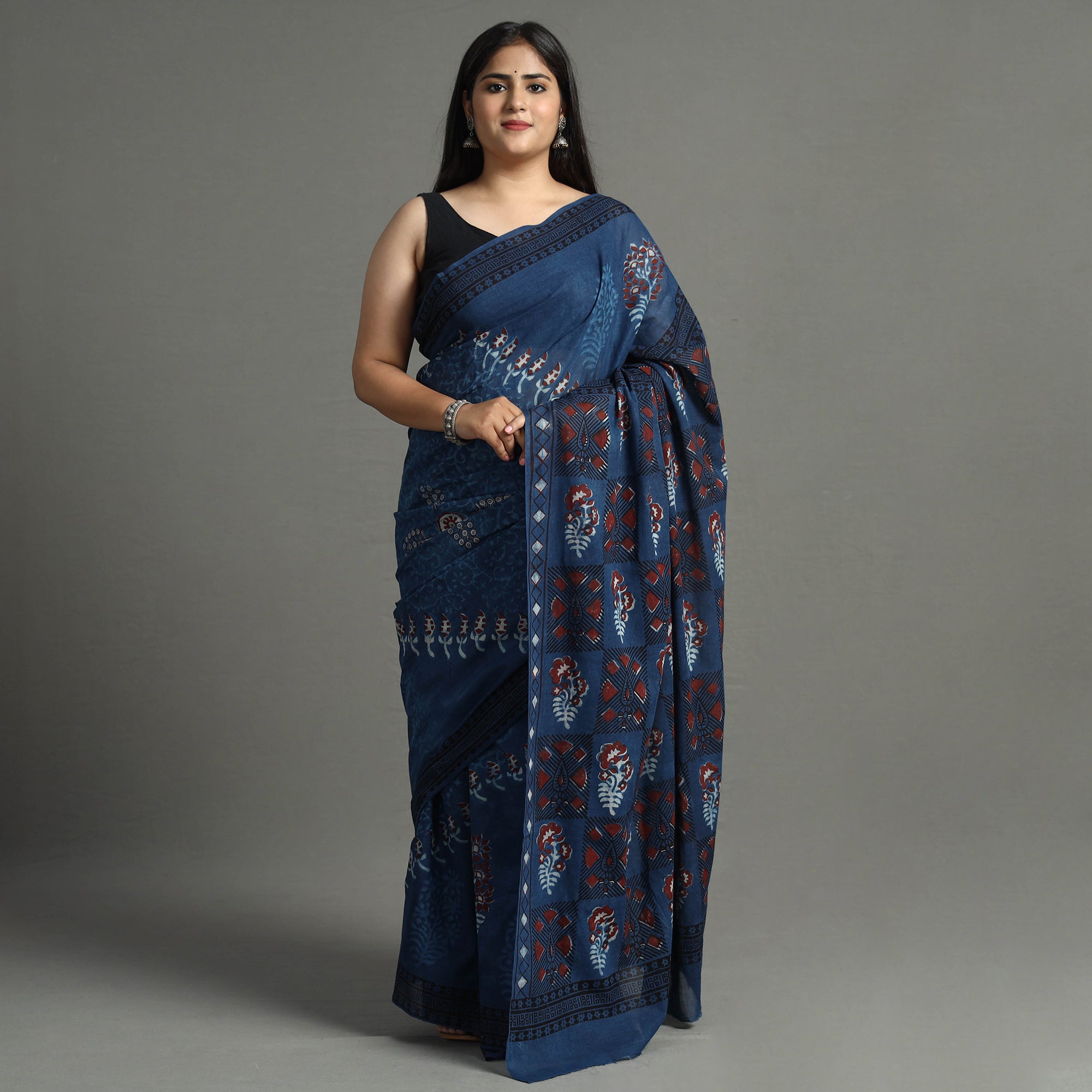 ITOKRI CRAFTS INITIATIVE Blue - Indigo Nandana Dabu Block Printed Mul Cotton Saree 27