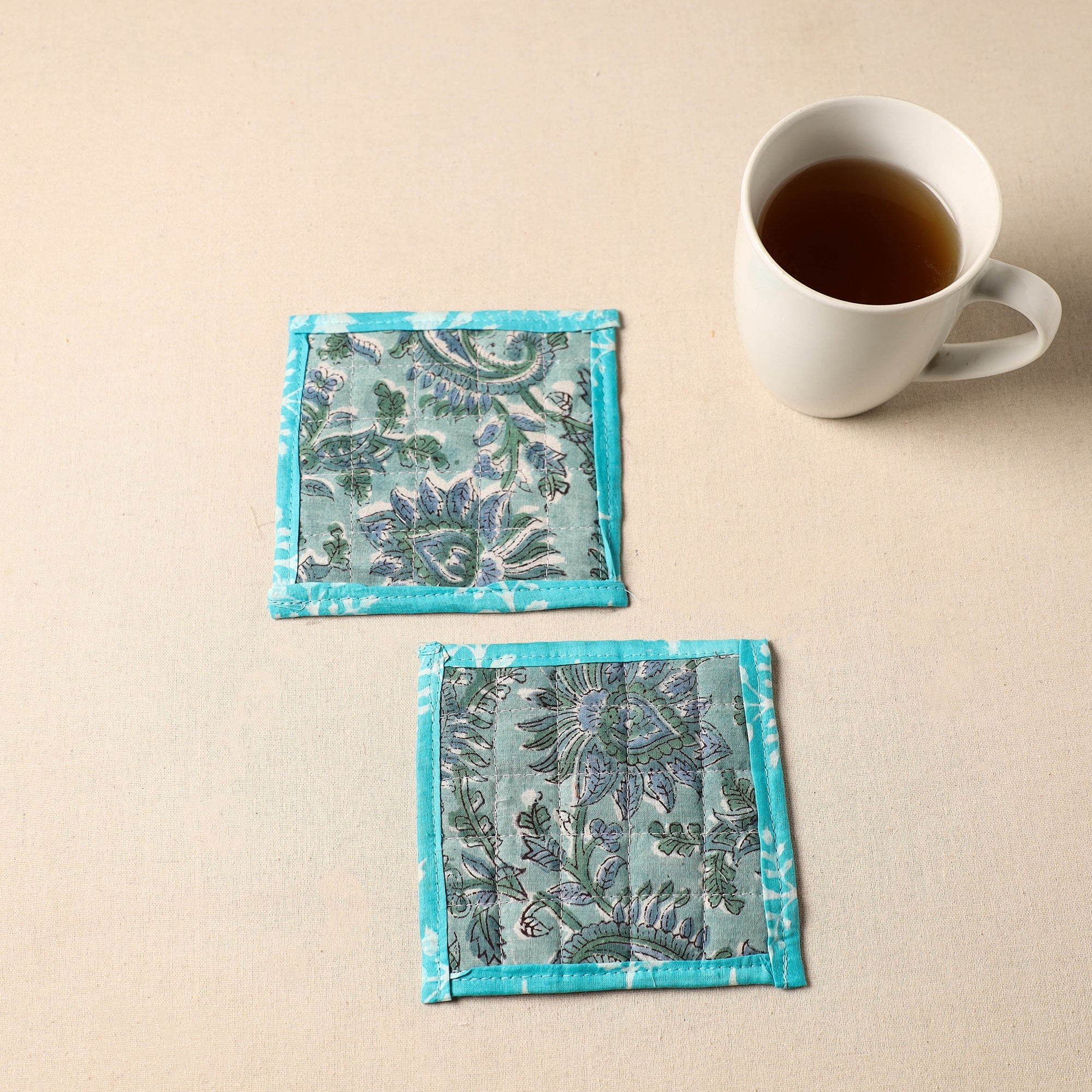 JALPARI Blue - Floral Print Cotton Quilted Coasters (Set of 2) 04