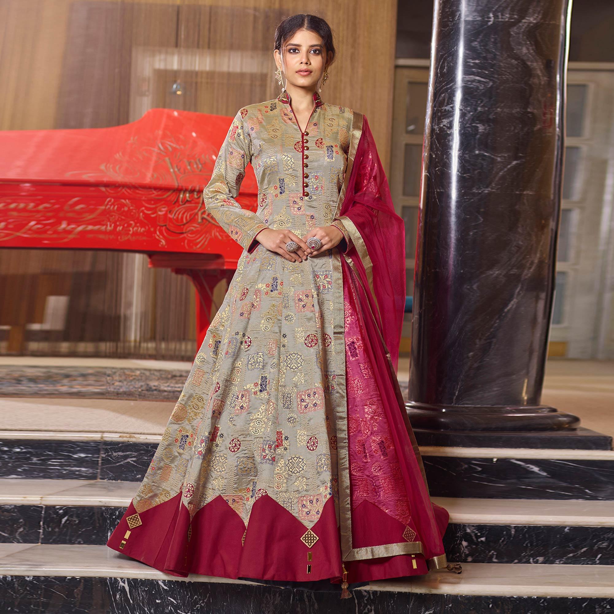 Peachmode Seller Glorious Light Brown Partywear Designer Handwork Jacquard Anarkali Suit