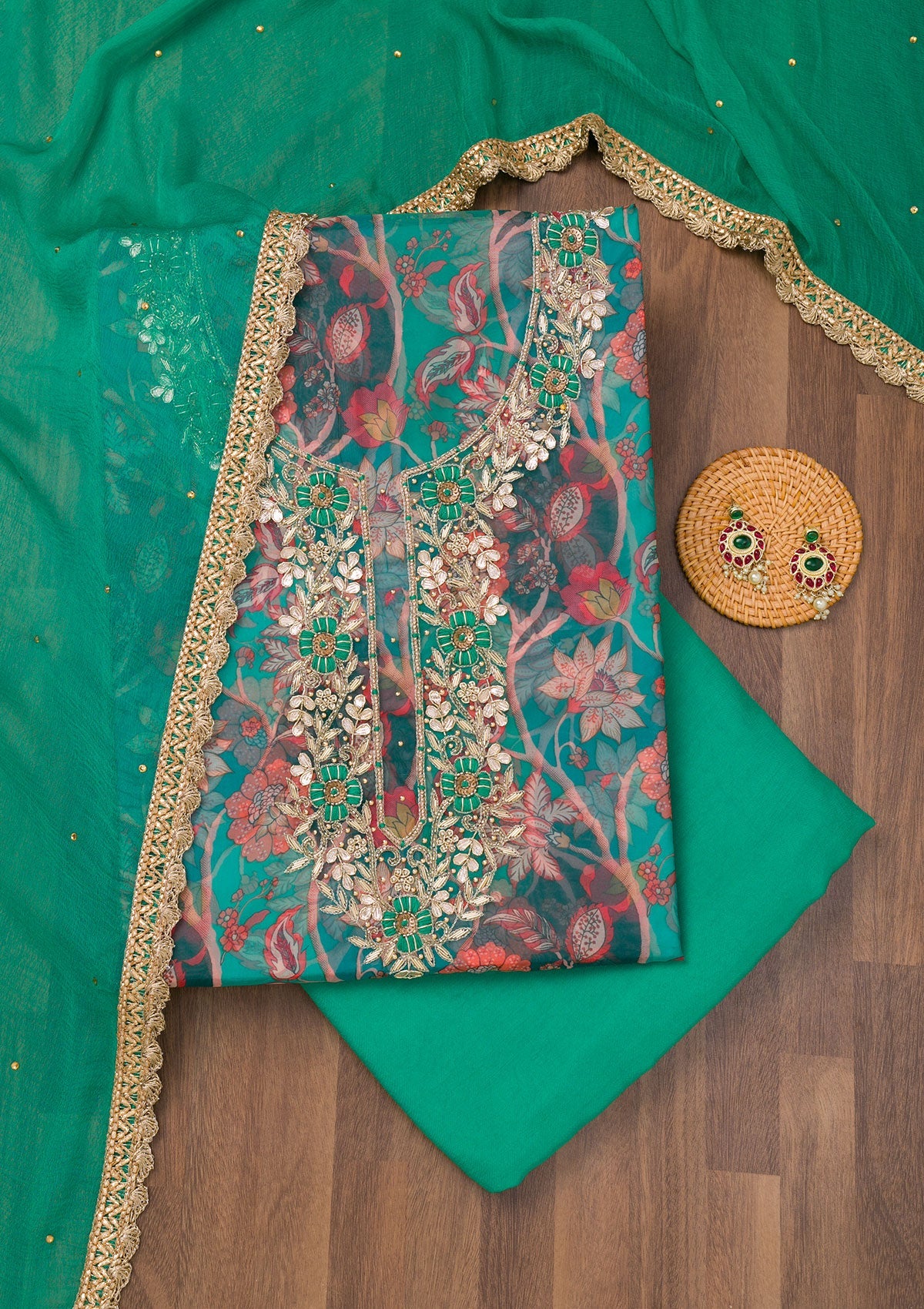 Koskii Leaf Green Zariwork Organza Unstitched Salwar Suit
