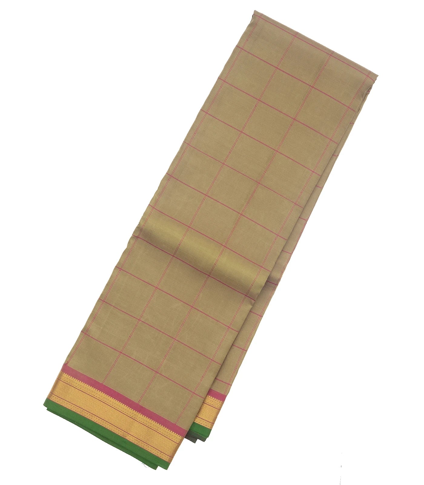 RmKV Taupe Silk Saree With Checks & Pink Border