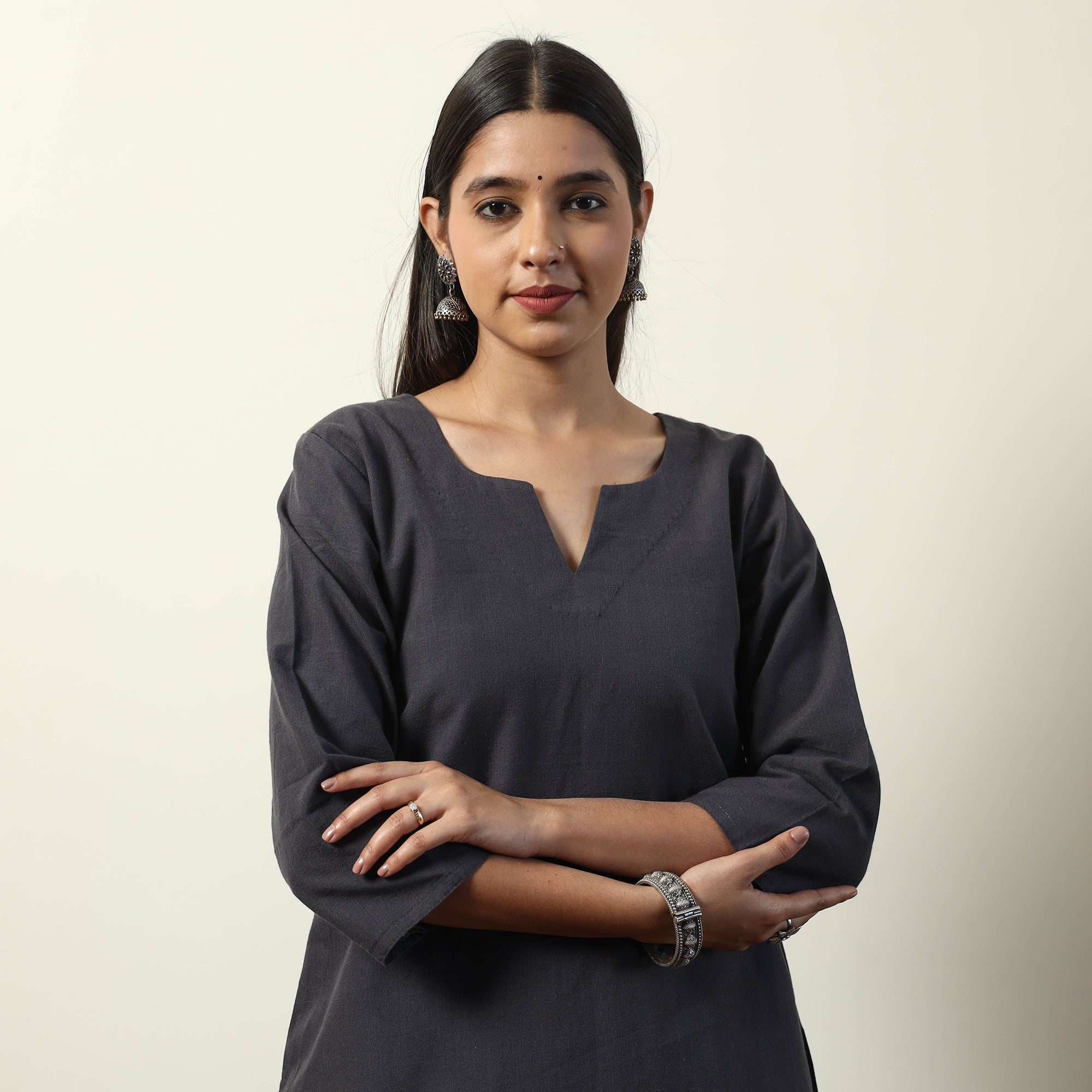 ITOKRI CASUALS Black - Jhiri Handloom Cotton Straight Short Kurta