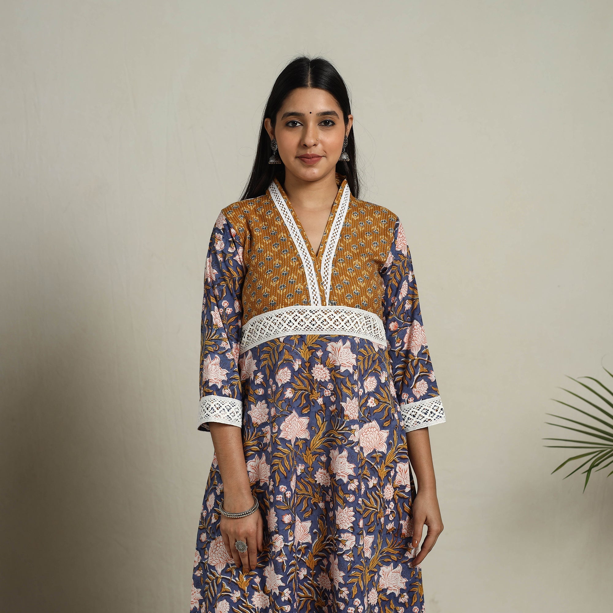 ITOKRI CASUALS Blue - Block Print Mosaic Fusion A-Line Sanganeri Cotton Kurta