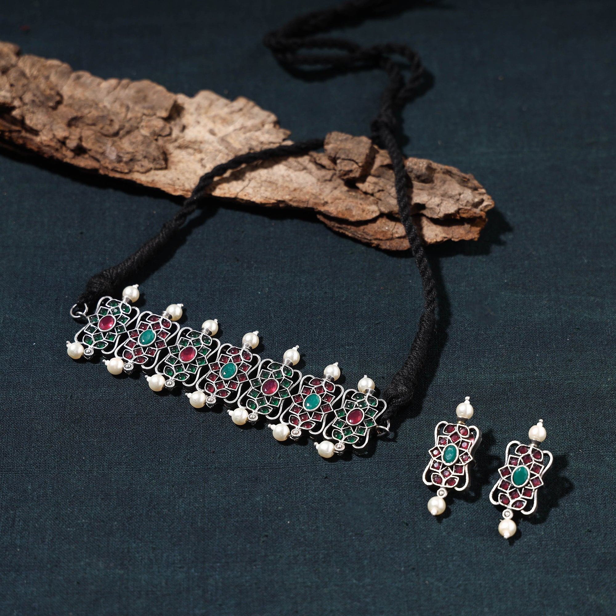WHITE RIVER STORIES Antique Silver Finish Oxidised Brass Base Stone Work Choker Necklace Set - view 2