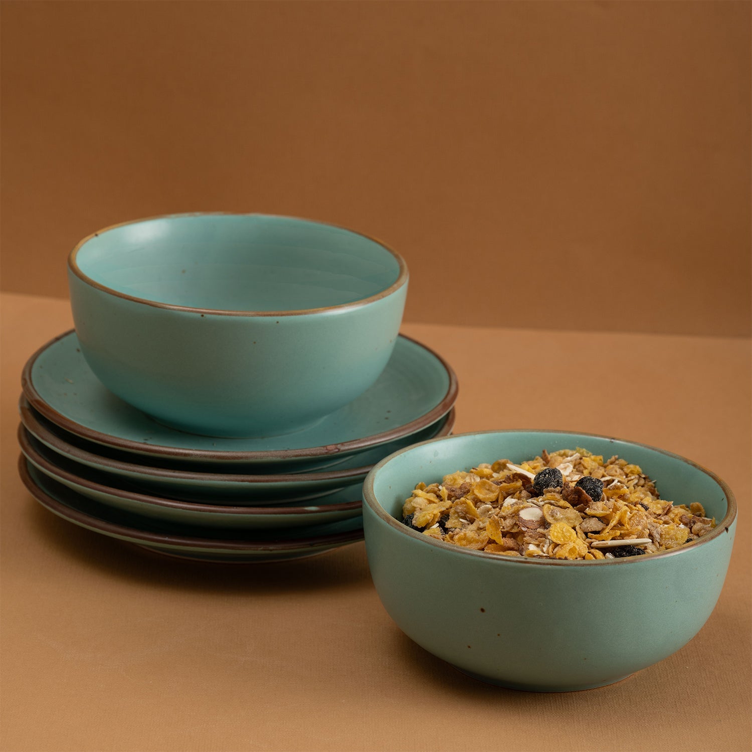 Urban Space Home Furnishing Handmade Ceramic Snack Platter, set of 2 serving bowls and 4 Quarter plates for house parties, Set of 6, Ocean Green