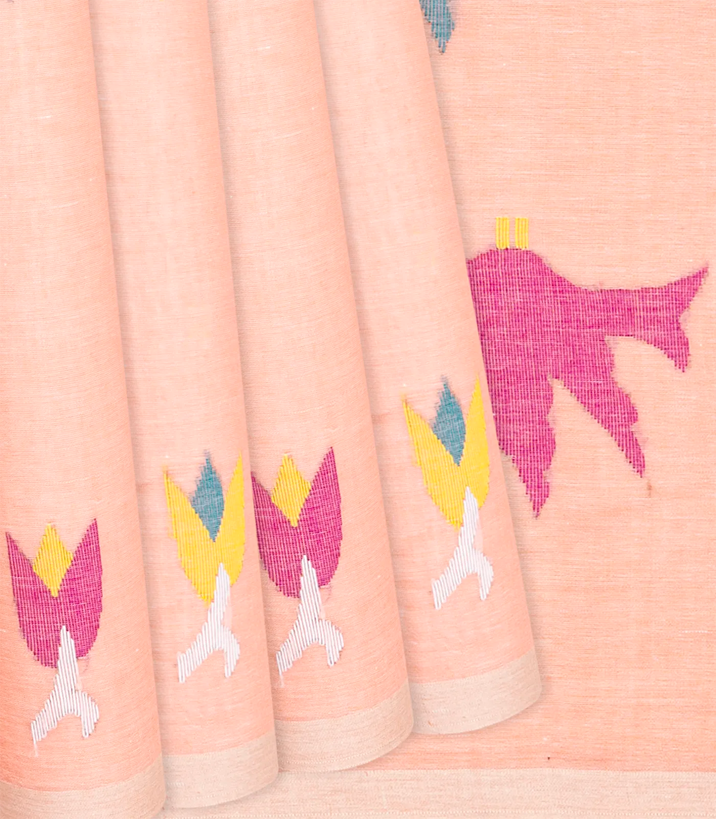 RmKV Light Peach Handloom Dhakai Cotton Saree With Floral Motifs-Light Peach