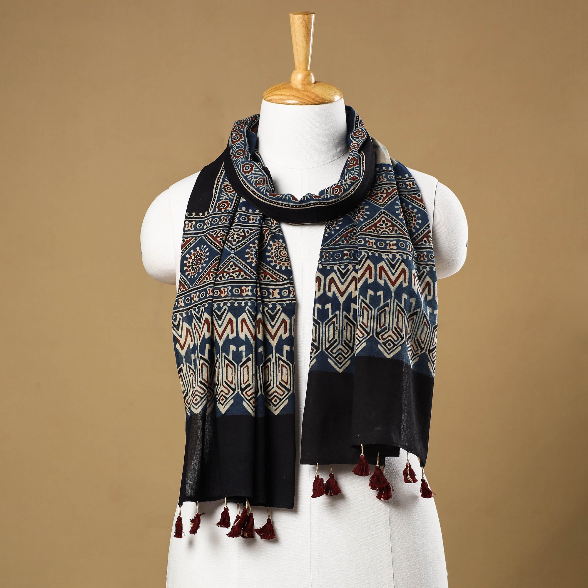 RIYAZ ABDULMAJID KHATRI - AJRAKH Blue - Ajrakh Block Printed Mul Cotton Stole with Tassels