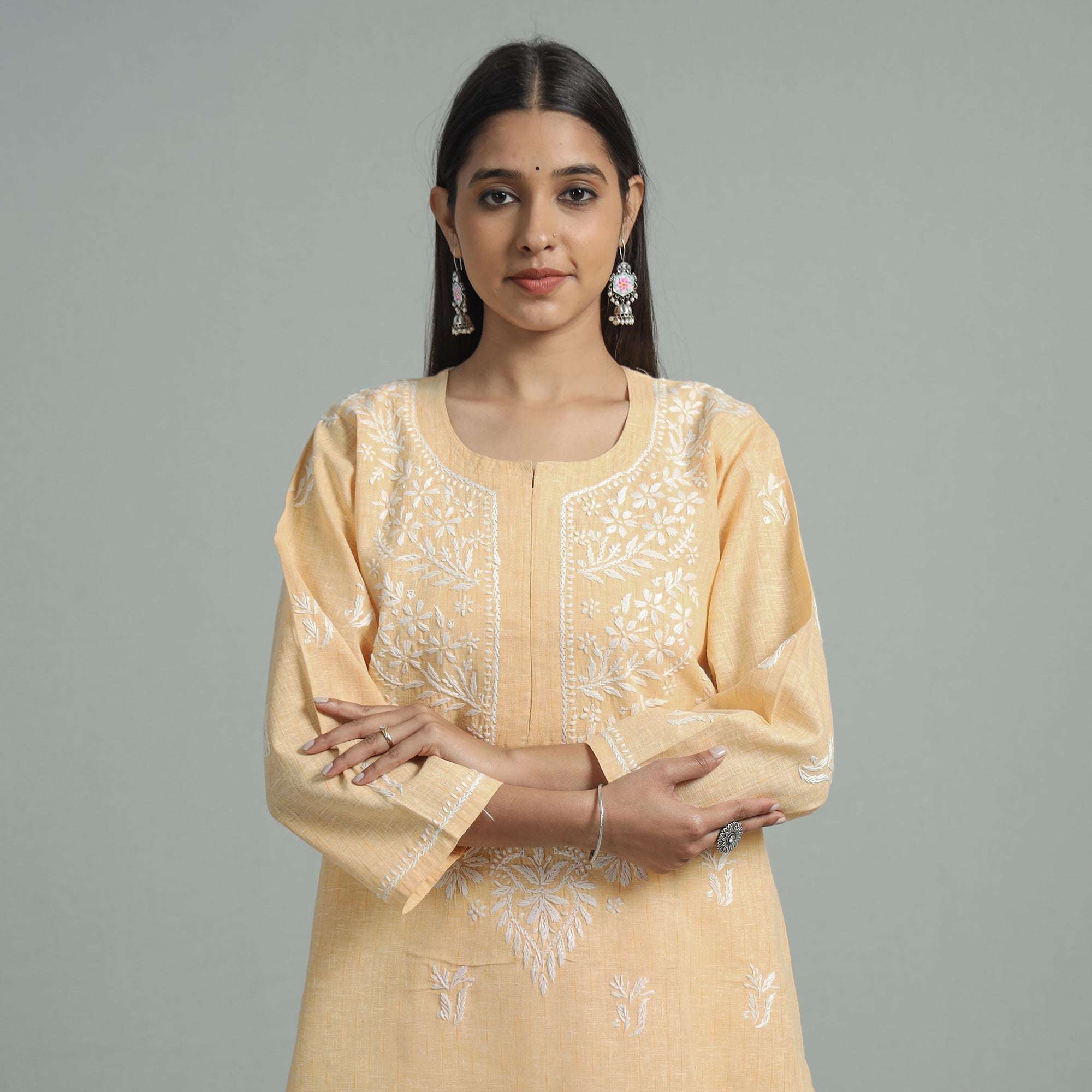 MEHARKI CHIKAN Beige Chikankari Hand Embroidered Cotton Long Kurta
