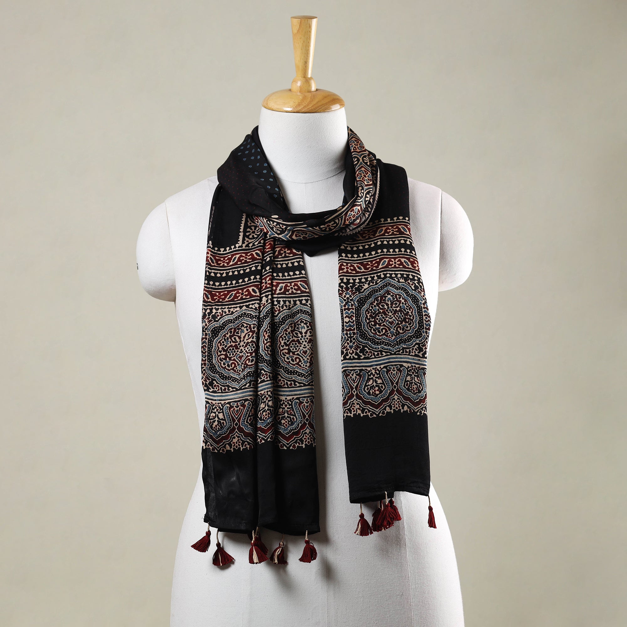RIYAZ ABDULMAJID KHATRI - AJRAKH Black - Ajrakh Hand Block Printed Modal Silk Stole with Tassels
