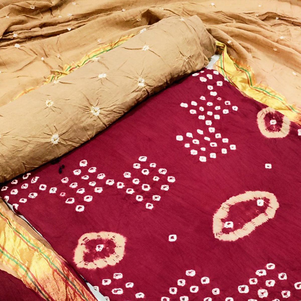 Peachmode Maroon Casual Wear Hand Bandhej Cotton Dress Material - view 2