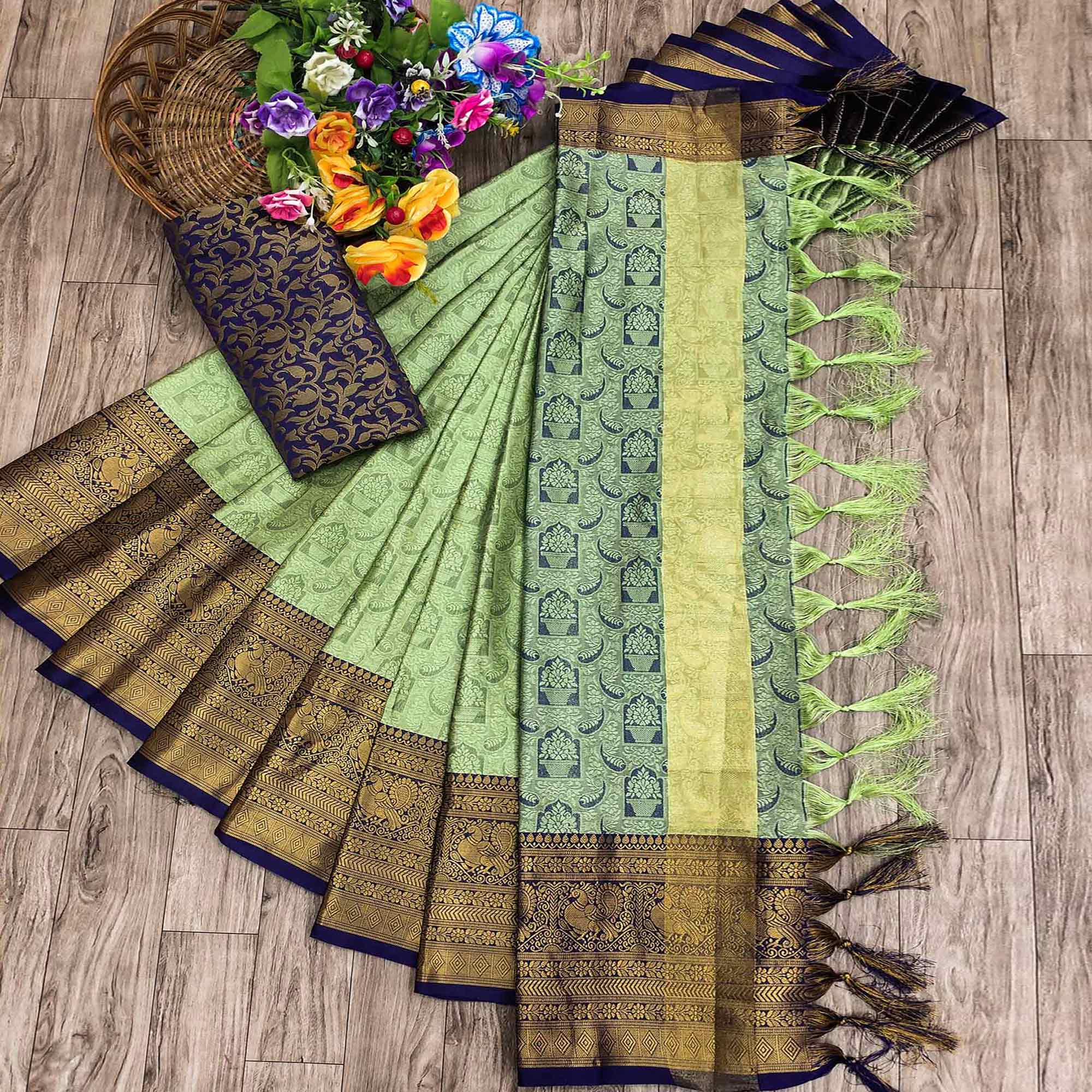 Peachmode Dusty Green Woven Cotton Silk Saree With Tassels
