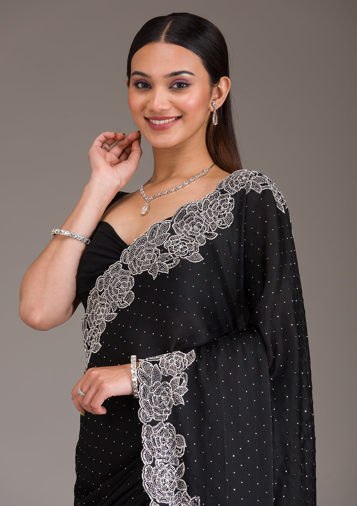 Koskii Black Swarovski Satin Saree – Women's - view 9