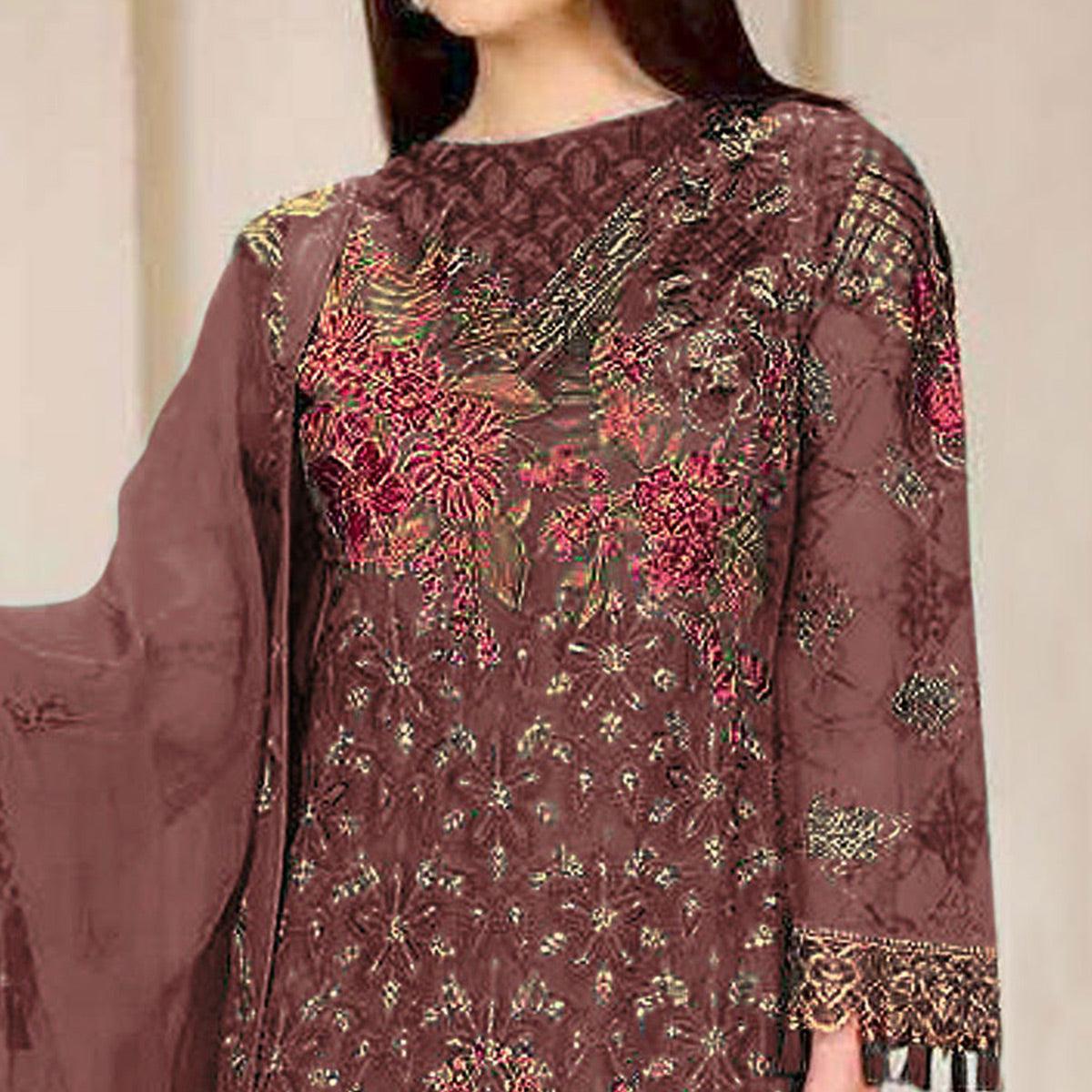 Peachmode Brown Embroidered Georgette Pakistani Suit - view 2