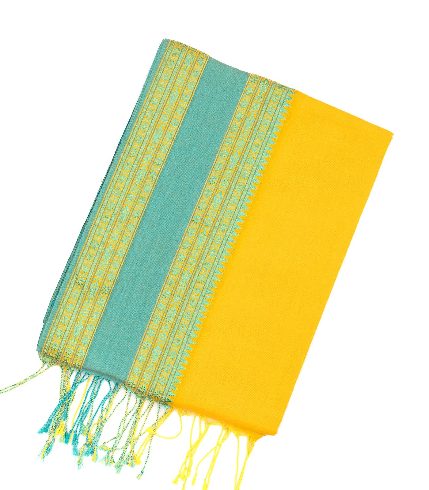 RmKV Yellow Handloom Bengal Cotton Saree With Turquoise Border