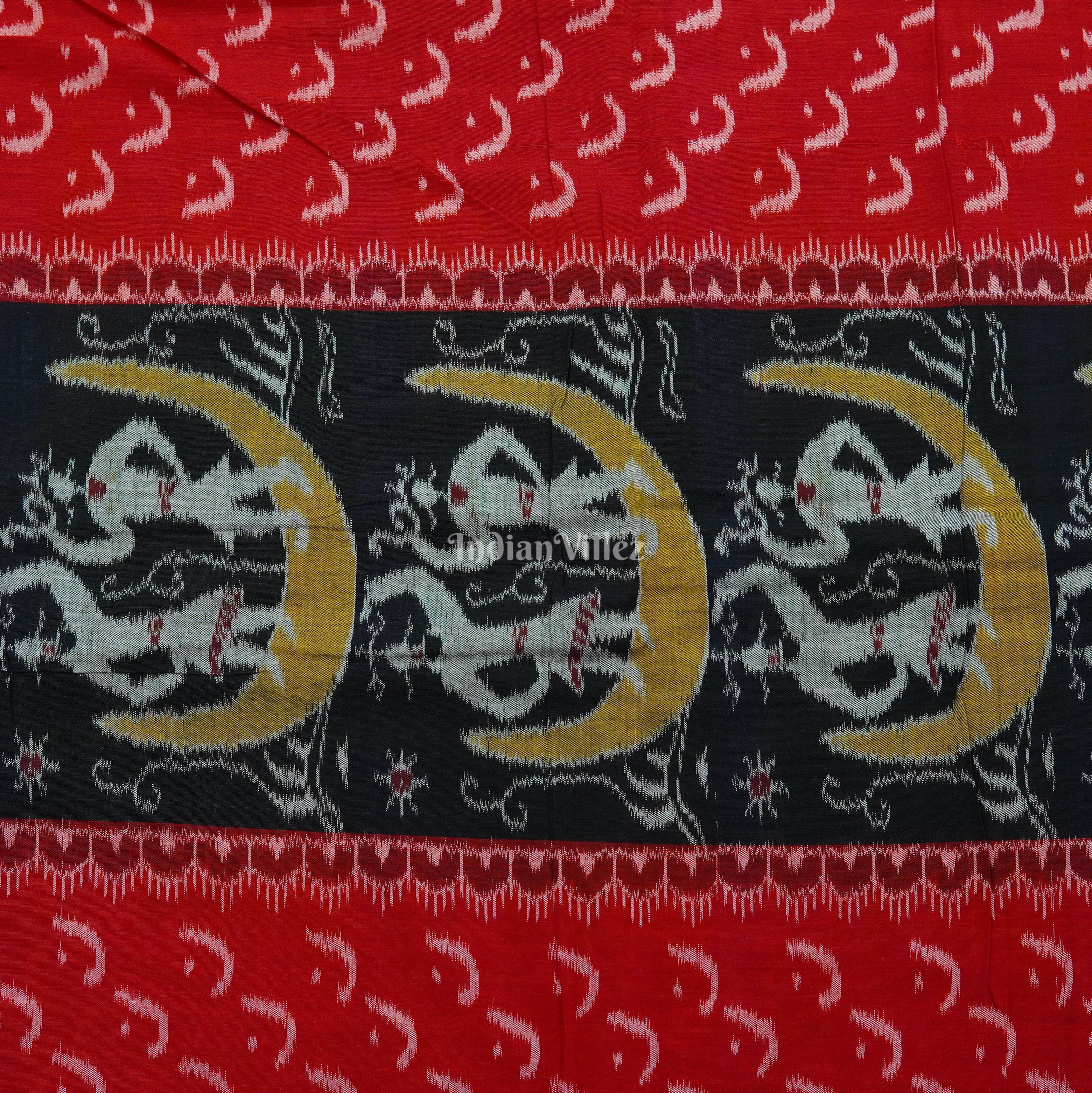 IndianVillèz Black Red Half Moon Tribal Theme Sambalpuri Ikat Cotton Fabric - view 3