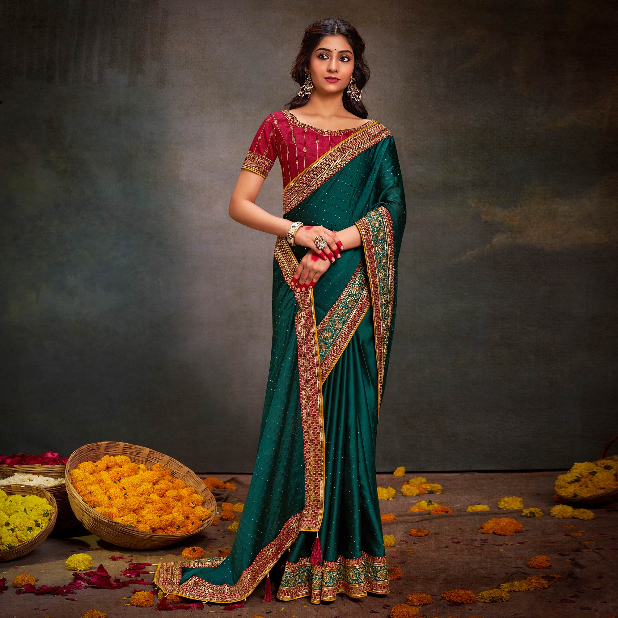Peachmode Dark Rama Green Swarovski Work Satin Saree With Tassels - view 2