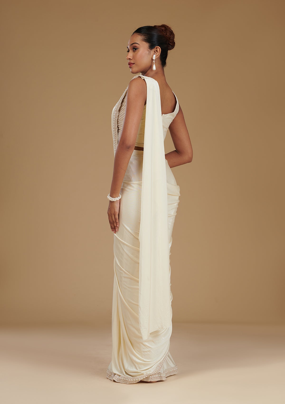 Koskii Cream Stonework Satin Readymade Saree – Women's - view 3
