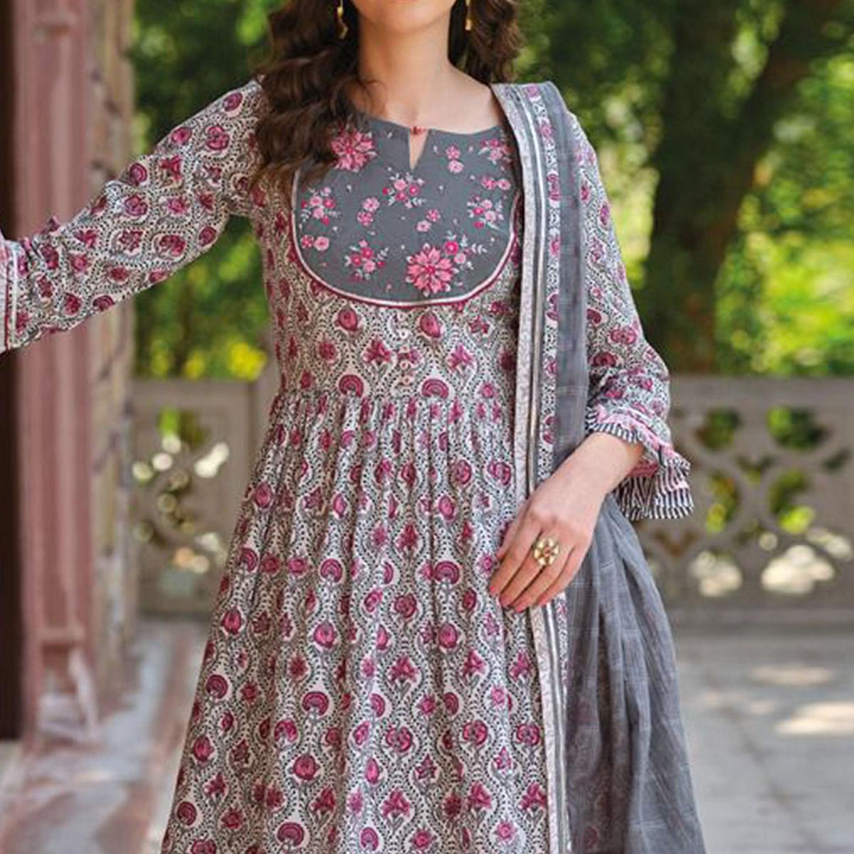 Peachmode Grey Partywear Floral Printed Cotton Sharara Suit - view 2