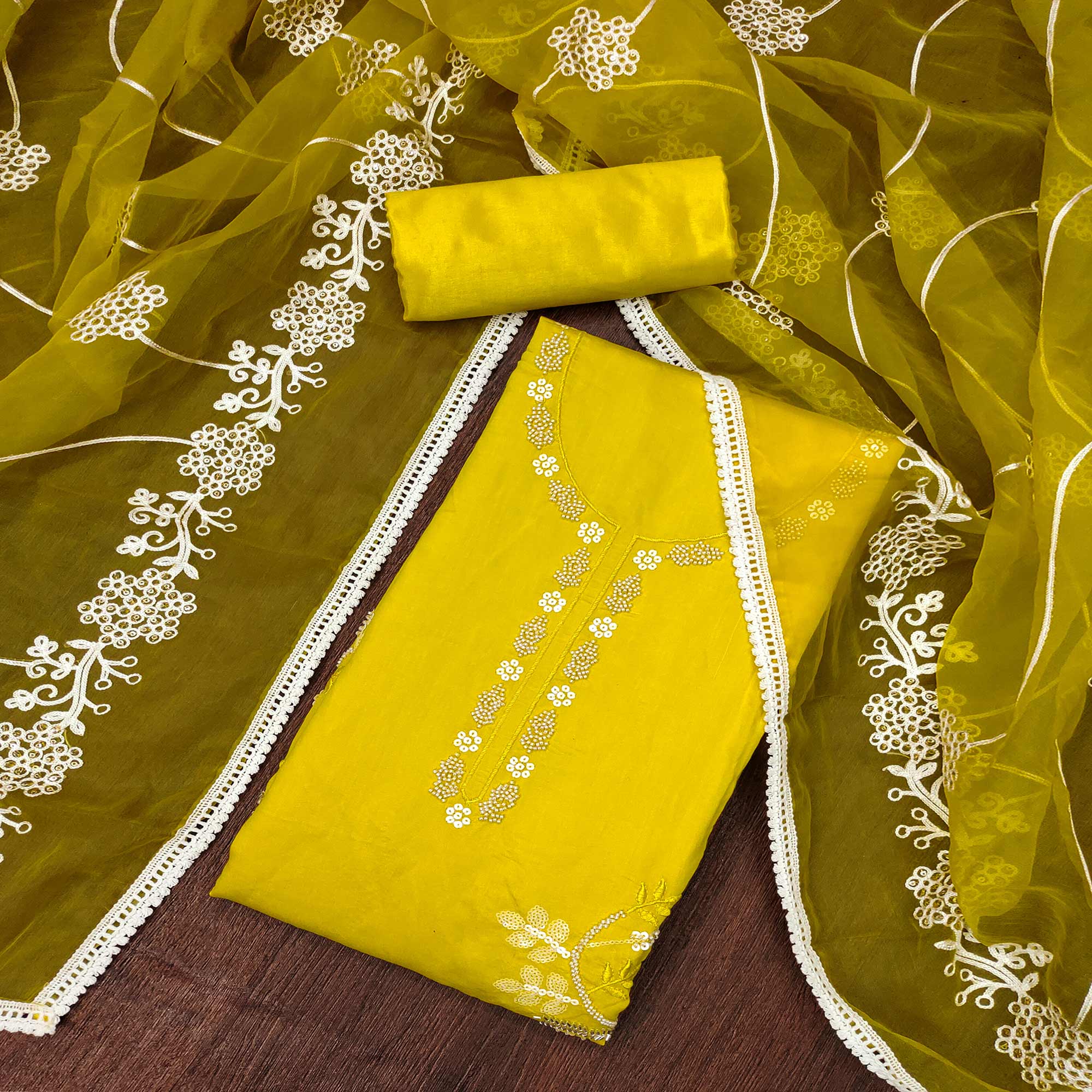 Peachmode Yellow Floral Sequins Embroidery With Handwork Cotton Silk Dress Material