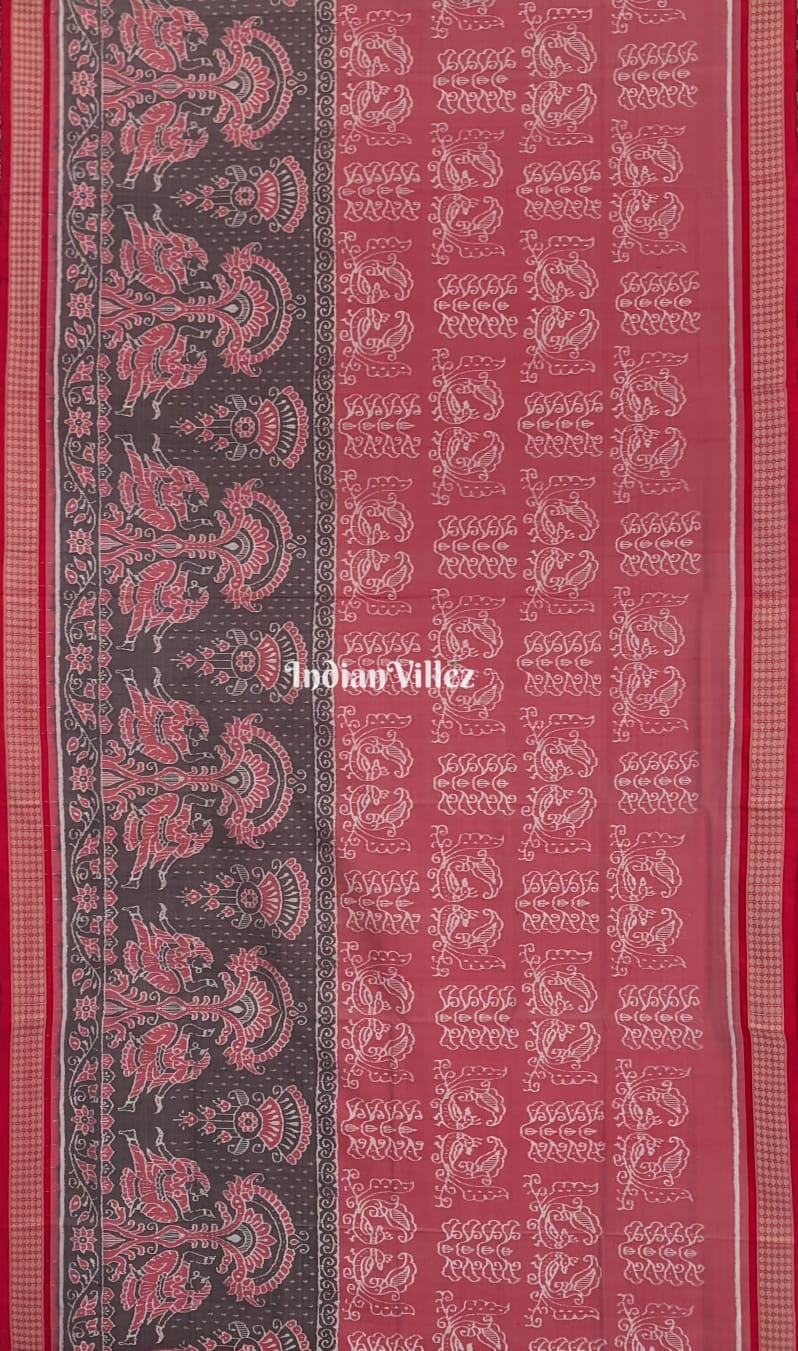 IndianVillèz Peach Black Peacock Sambalpuri Ikat Silk Pastel Saree - view 4