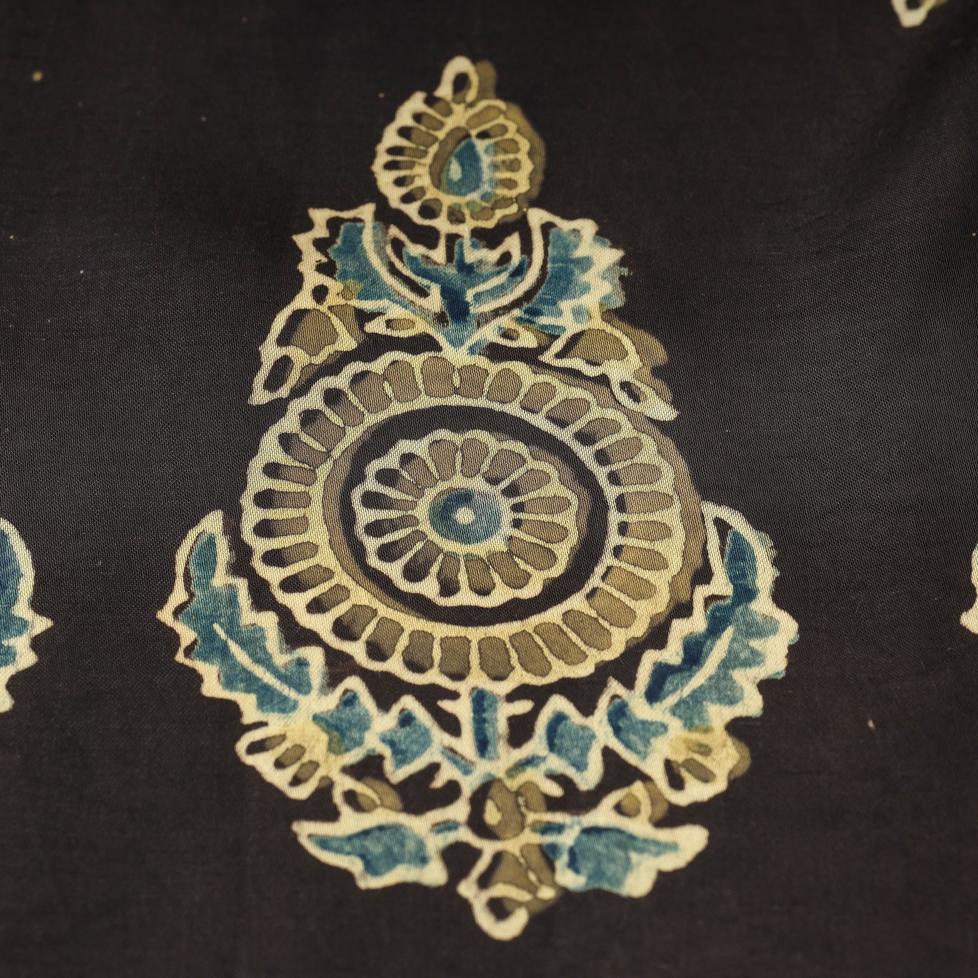 RIYAZ ABDULMAJID KHATRI - AJRAKH Black - Yellow Patterned Butta On Black Ajrakh Hand Block Printed Modal Silk Fabric - view 4