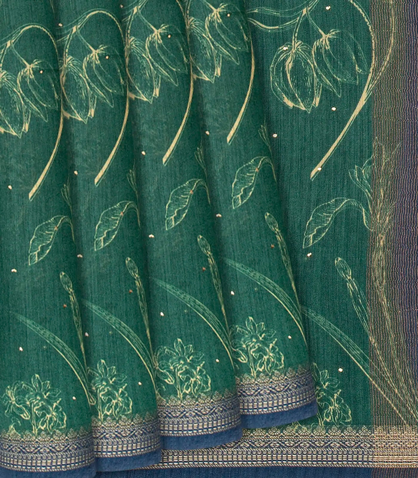 RmKV Sea Green Handloom Tussar Silk Saree With Printed Floral Motifs-Sea Green