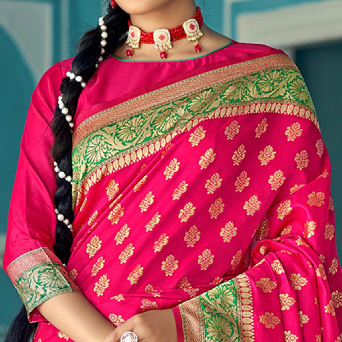 Peachmode Deep Pink Festive Wear Woven Banarasi Silk Saree - view 4