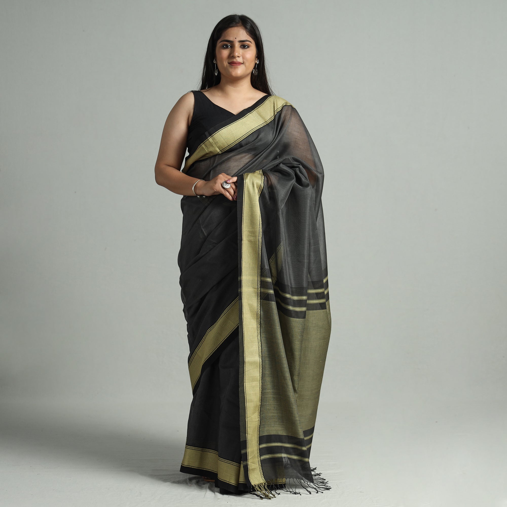 ITOKRI CRAFTS INITIATIVE Black - Traditional Handloom Zari Work Maheshwari Silk Saree 63