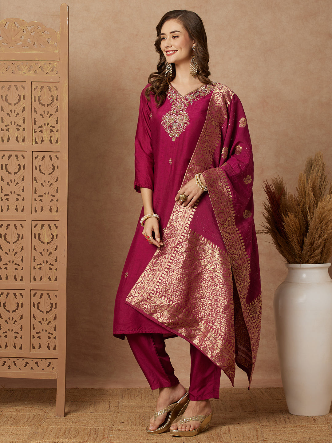 Fashor Ethnic Hand Embroidered Straight Fit Kurta with Pant & Dupatta - Purple